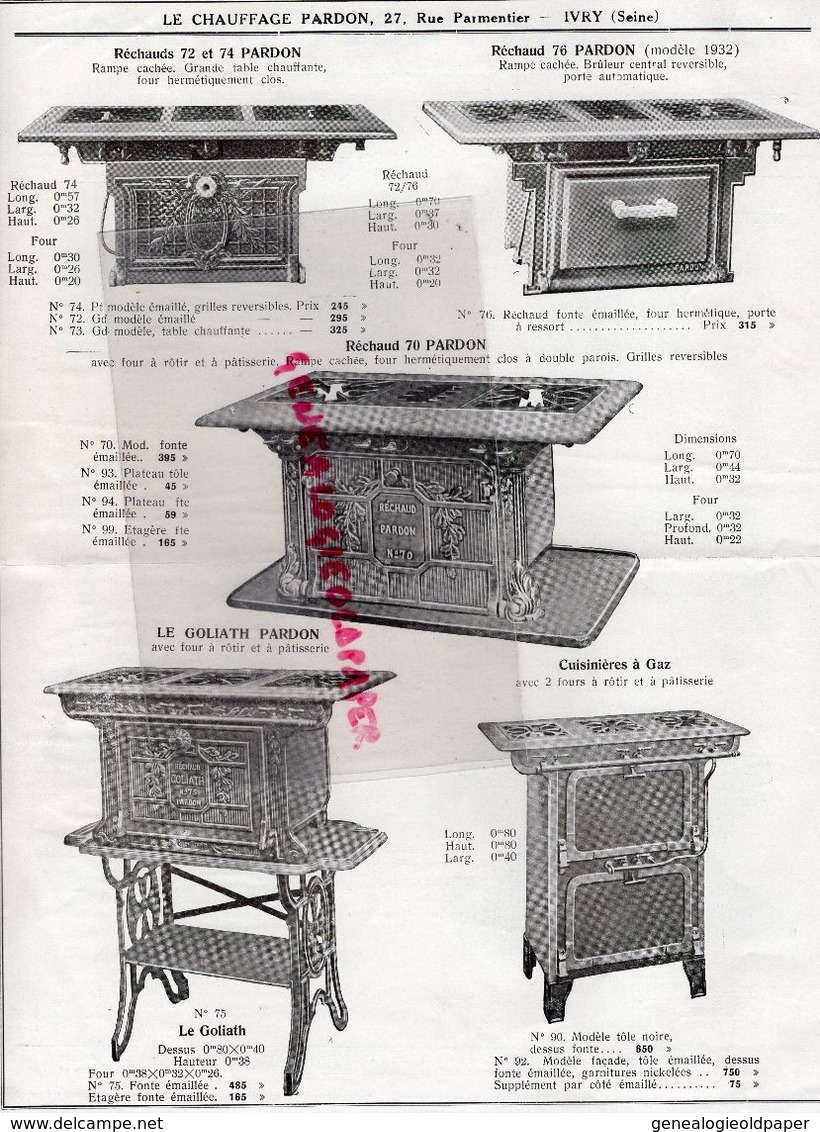 94- IVRY- RARE CATALOGUE LE CHAUFFAGE PARDON-27 RUE PARMENTIER-PARIS-128 BD RICHARD LENOIR-RECHAUDS CUISINIERES GAZ- - Old Professions