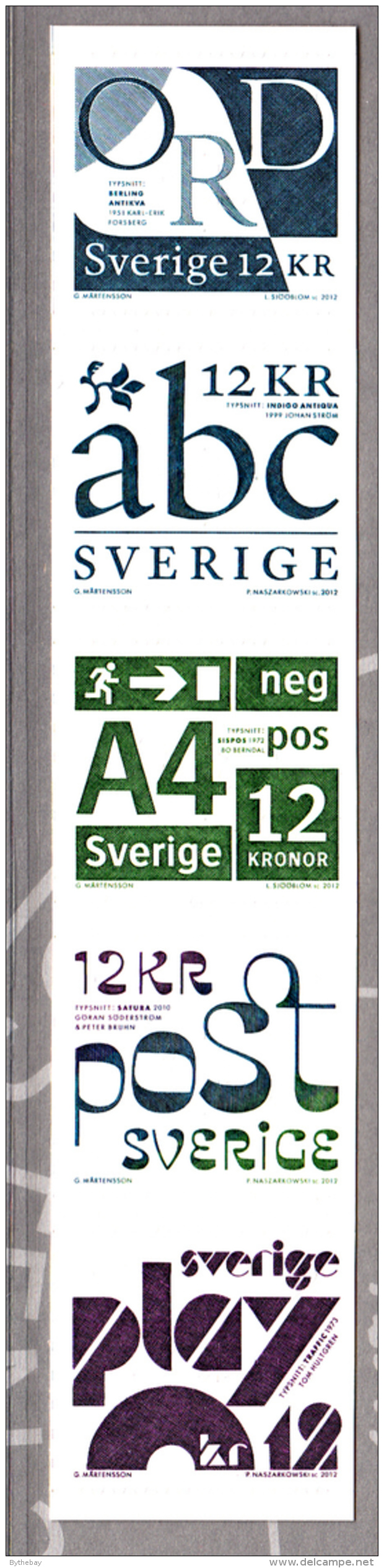 Sweden 2012 MNH Strip Of 5 12k Modern Typefaces - Nuovi