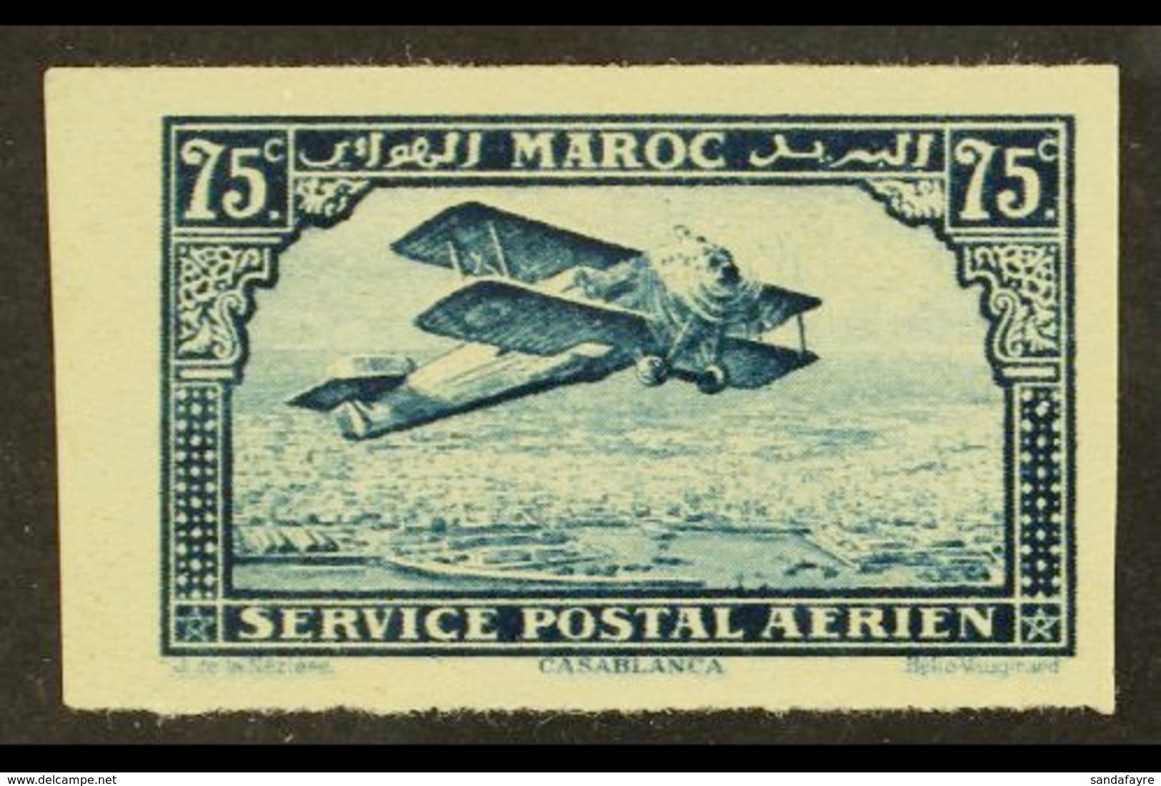 MOROCCO 1922-27 AIR 75c Blue Imperf, Yvert 4a, Very Fine Mint. For More Images, Please Visit Http://www.sandafayre.com/i - Andere & Zonder Classificatie