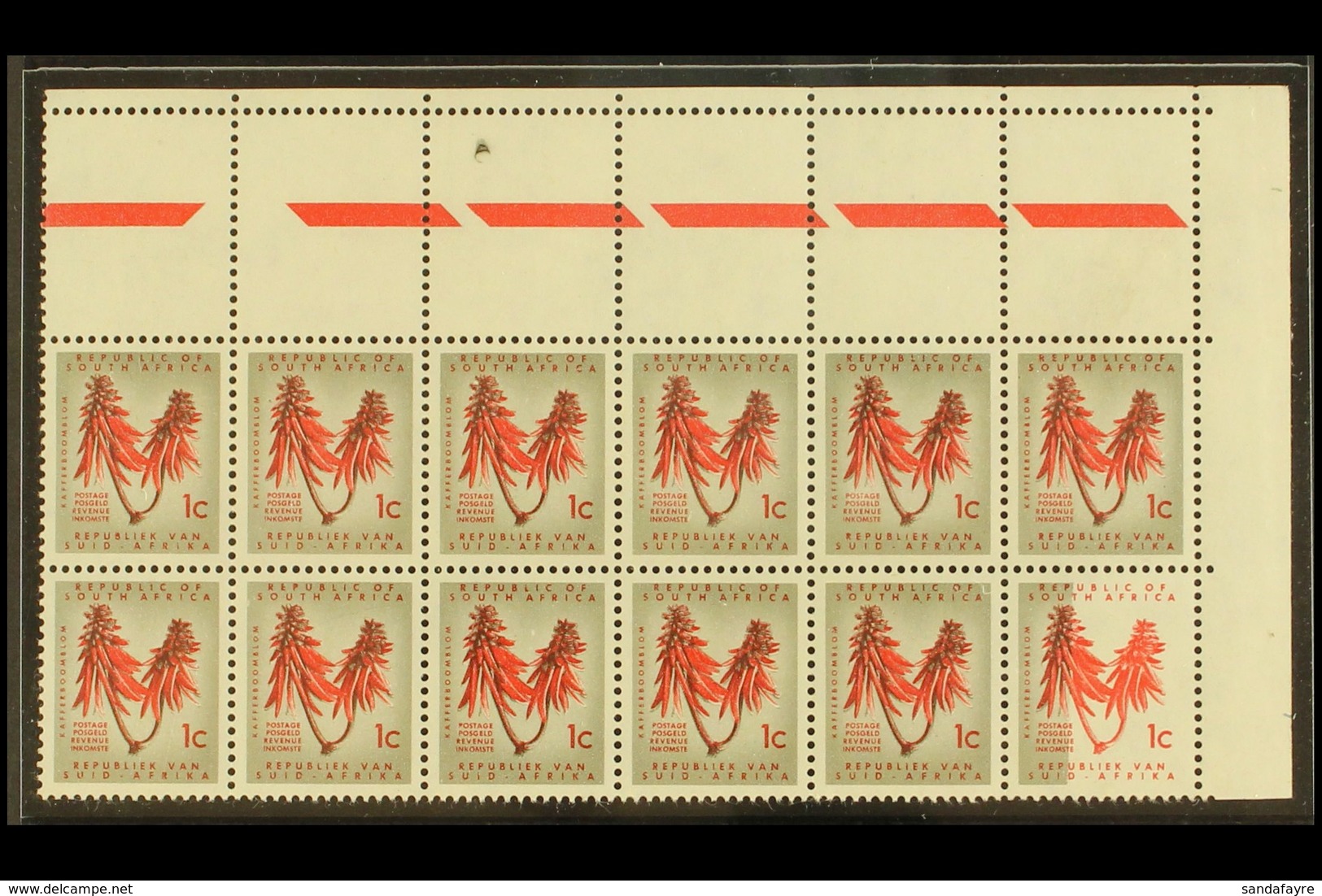 RSA VARIETY 1961 1c Red & Olive-grey, Type I, Wmk Coat Of Arms, Corner Block Of 12 With LARGE INTRUSION On One Stamp, Ca - Zonder Classificatie