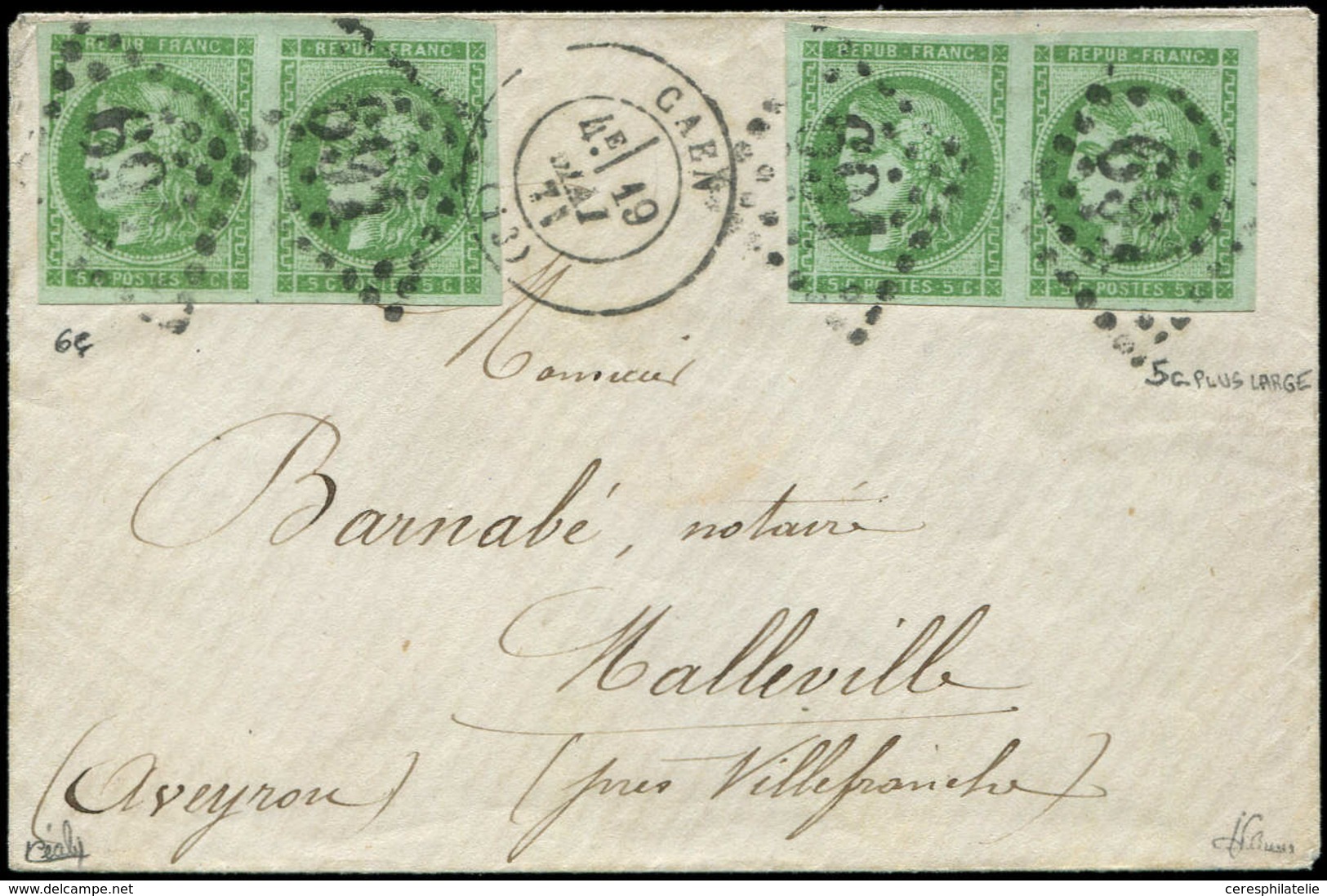 Let EMISSION DE BORDEAUX 42B   5c. Vert-jaune, R II, 2 PAIRES Obl. GC 691 S. Env., Càd T17 CAEN 19/5/71, Superbe - 1870 Bordeaux Printing