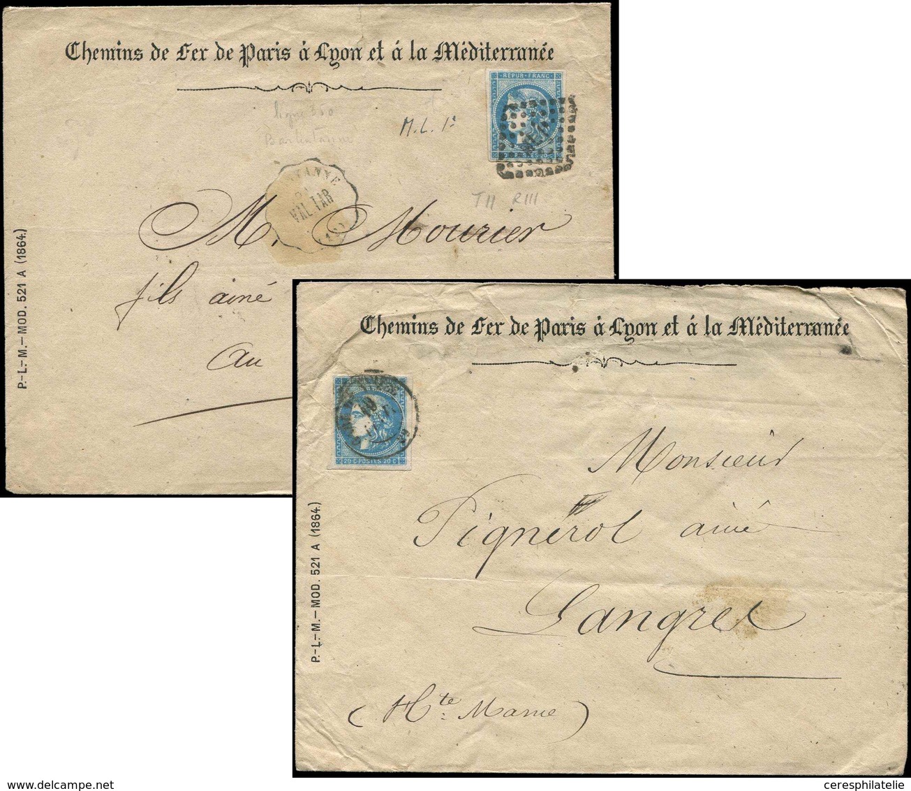 Let EMISSION DE BORDEAUX 45B Et 45C Obl. Càd T17 Et Amb. S. 2 Env. Chemins De Fer Paris Lyon Méditerranée, TB - 1870 Bordeaux Printing