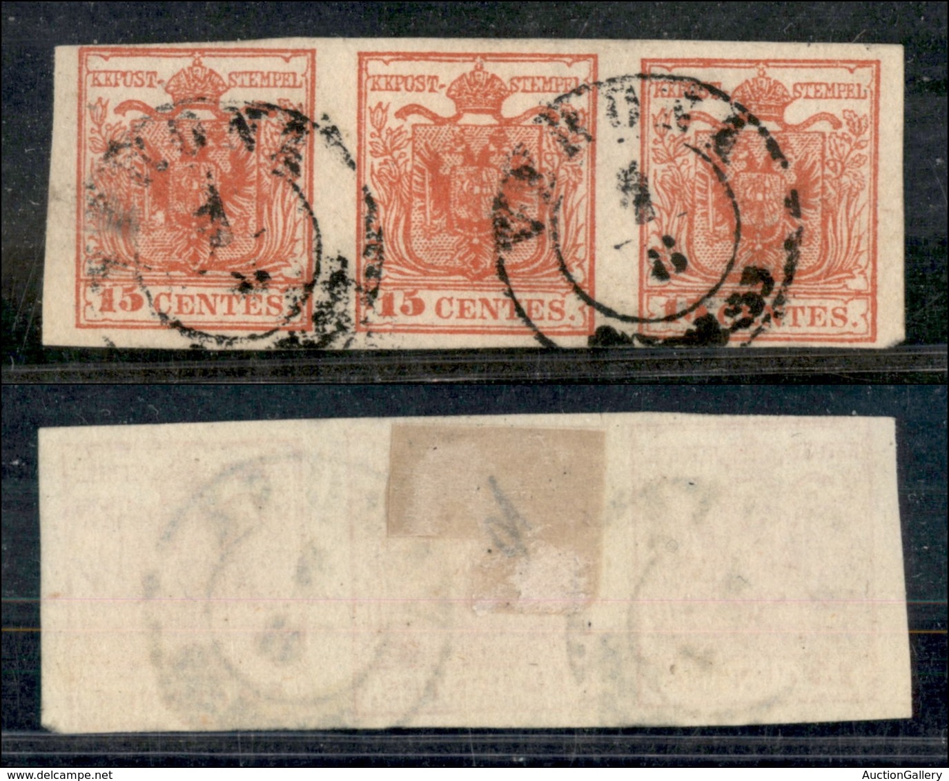 1082 ANTICHI STATI - LOMBARDO VENETO - 1854/1857 - Striscia Di Tre 15 Cent Rosso (20) - Usati - Other & Unclassified