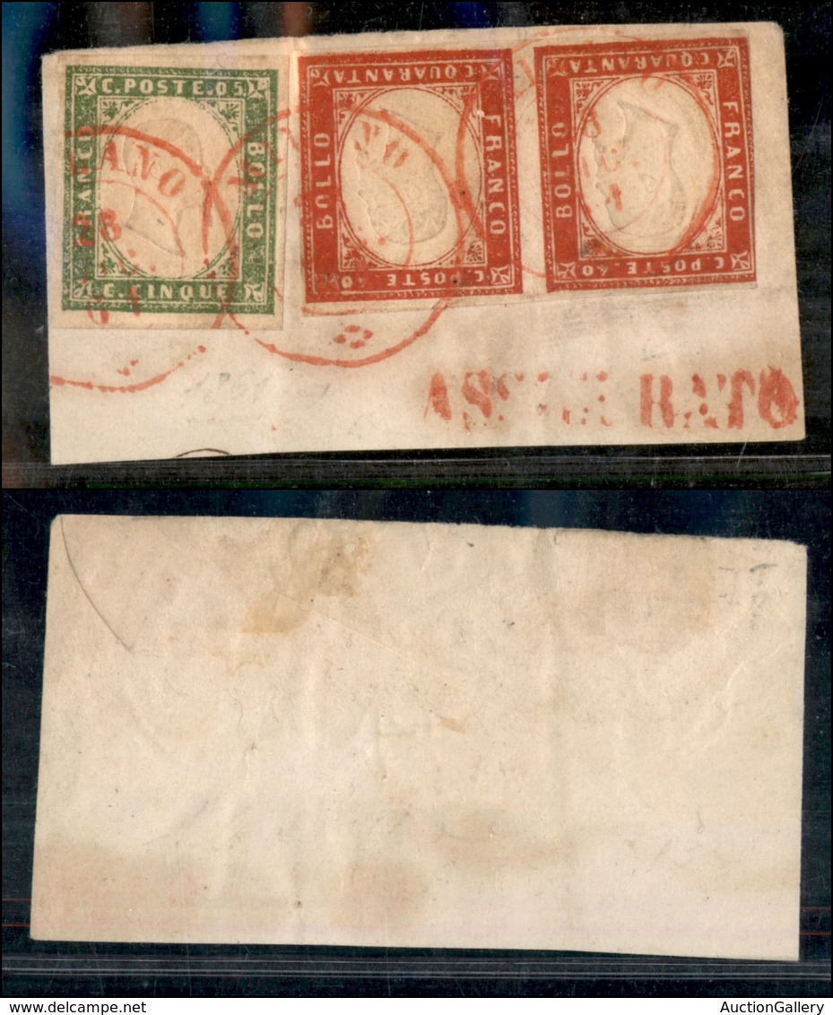 1199 ANTICHI STATI - SARDEGNA - Milano 28.12.61 (in Rosso) - 5 Cent (13Cc) + Coppia Del 40 Cent (16D) Appena Corta A Sin - Autres & Non Classés