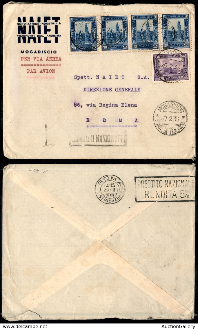 2144 COLONIE - SOMALIA - 50 Cent (221) + Due Coppie Del 1,25 Lire (223) Su Aerogramma Da Mogadiscio A Roma Del 20.2.36 - Sonstige & Ohne Zuordnung