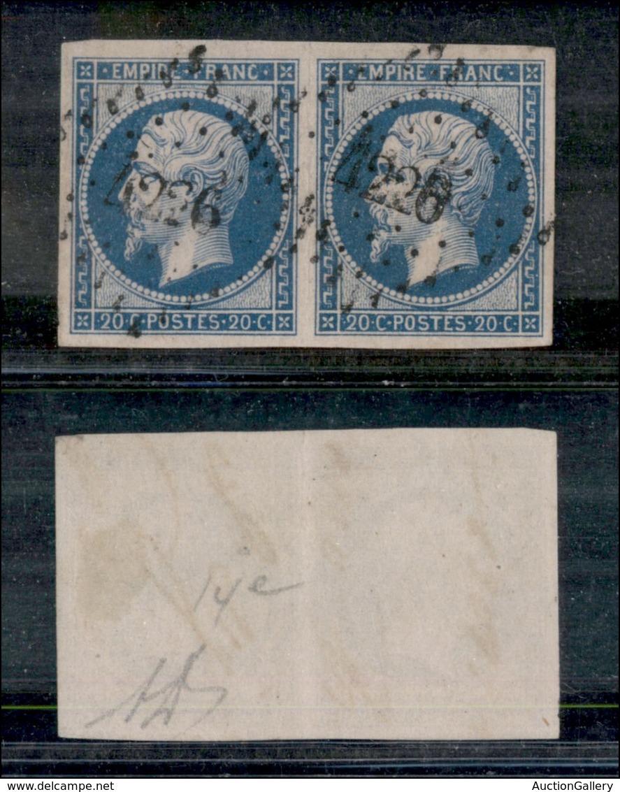 2508 FRANCIA - 1853 - 20 Cent Azzurro Su Rosa (unif. 14e) - Coppia - Usata - Molto Bella - Diena - Sonstige & Ohne Zuordnung