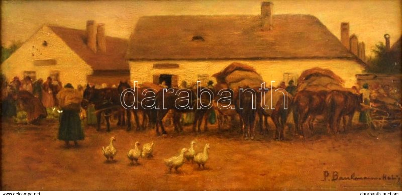 Cca 1900 Olvashatatlan Jelzéssel: Vásári Jelenet. Olaj, Falemez (sérült), Antik Keretben, 11×21 Cm - Autres & Non Classés