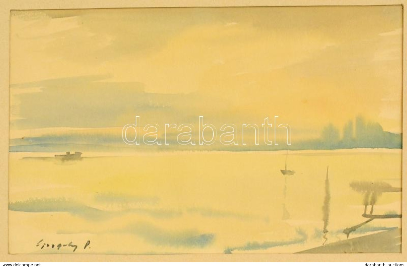 Olvashatatlan Jelzéssel: Hajnal A Balatonon. Akvarell, Papír, Jelzett, 21×33 Cm - Autres & Non Classés