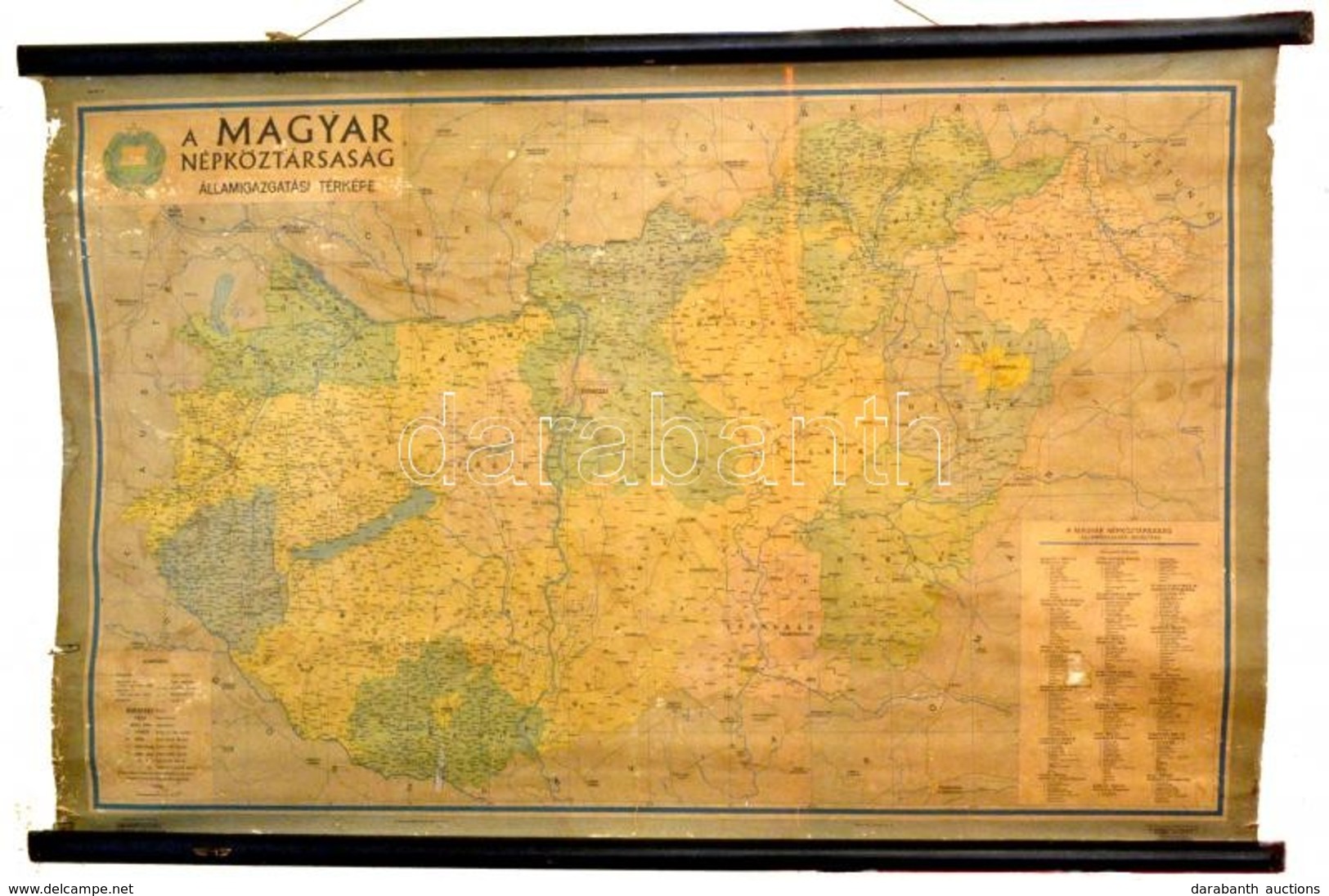 1969 A Magyar Népköztársaság államigazgatási Térképe, Nagyméretű Falitérkép, Kis Kopásokkal, Felcsavarva, 73×115 Cm - Autres & Non Classés