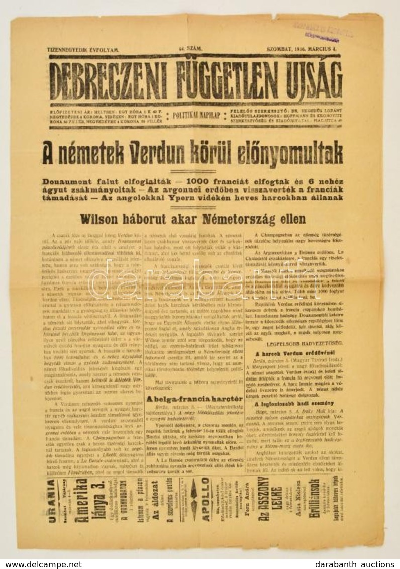 1916 A Debreczeni Független Újság 11. évfolyamának 64. Száma Háborús Hírekkel - Non Classificati