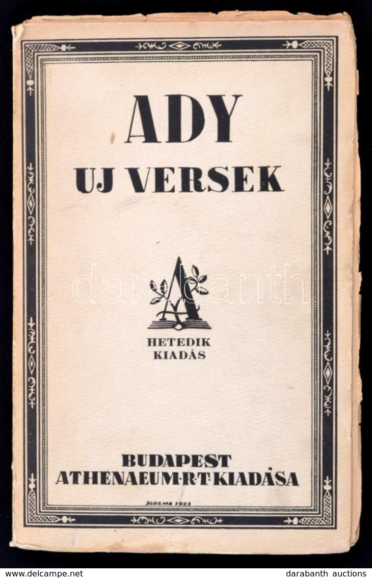 Ady Endre: Uj Versek. Bp., é.n., Athenaeum Rt. Kiadói Papírkötés. Hetedik Kiadás. Jó állapotban. A Borítót Kozma Lajos ( - Non Classés