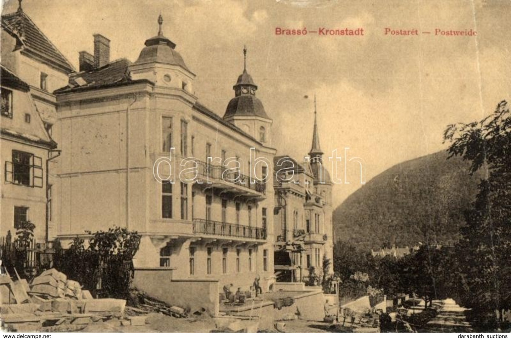 T3 Brassó, Kronstadt, Brasov; Postarét, építkezés. W. L. 129. / Street View, Villa Construction (fa) - Non Classés