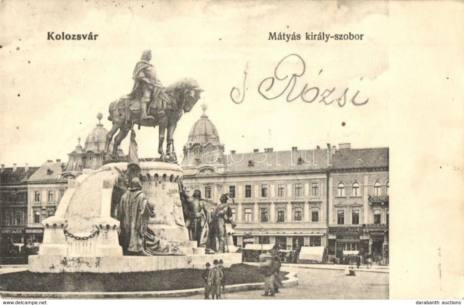 T2/T3 Kolozsvár, Cluj; Matyás Király Szobor, Erdélyi Bank, Jeney Lajos üzlete / Statue, Bank, Shop - Non Classés