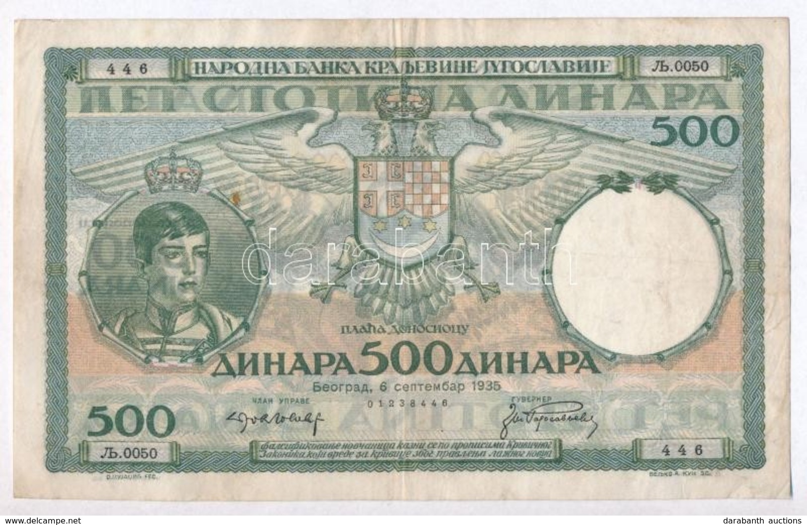 Jugoszlávia 1935. 500D T:III
Yugoslavia 1935. 500 Dinara C:F - Sin Clasificación