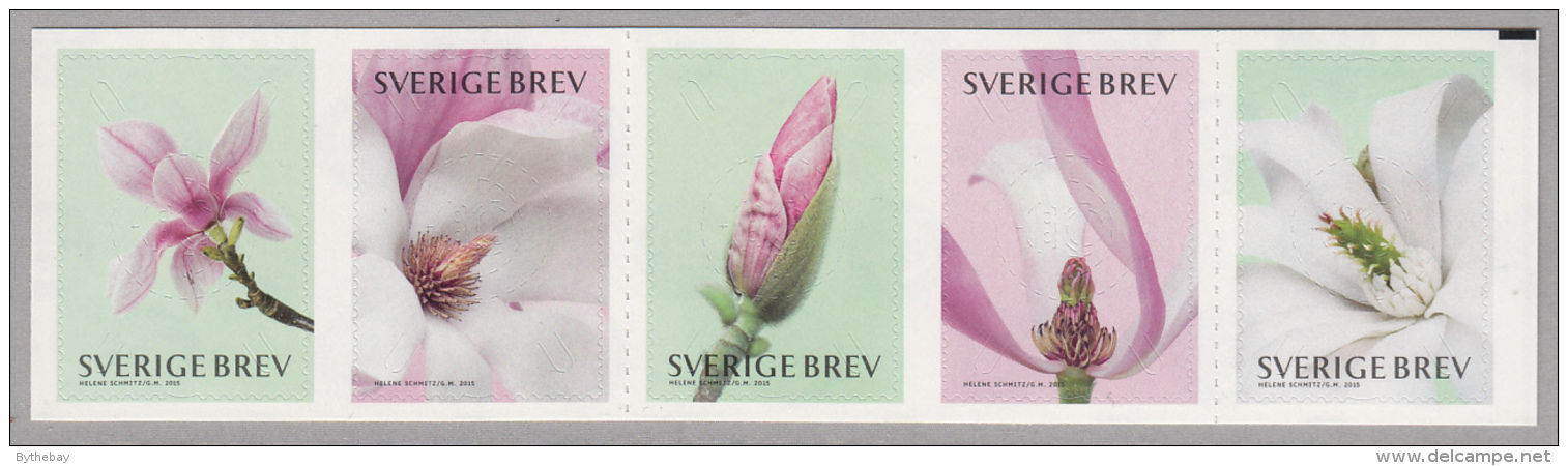 Sweden 2015 MNH Strip Of 5 Pink And White Magnolias - Nuovi