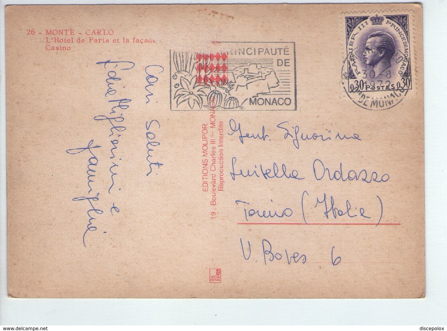 U2174 NICE STAMP AND TIMBRE On Postcard MONTE CARLO, L HOTEL DE PARIS ET LA FACADE DE CASINO - Bollo Storia Postale - Hotels