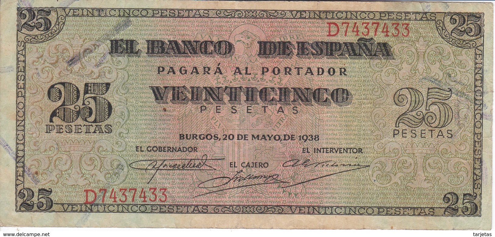 BILLETE DE BURGOS DE 25 PTAS DEL 20/05/1938 SERIE D EN CALIDAD BC (BANKNOTE) - 25 Pesetas