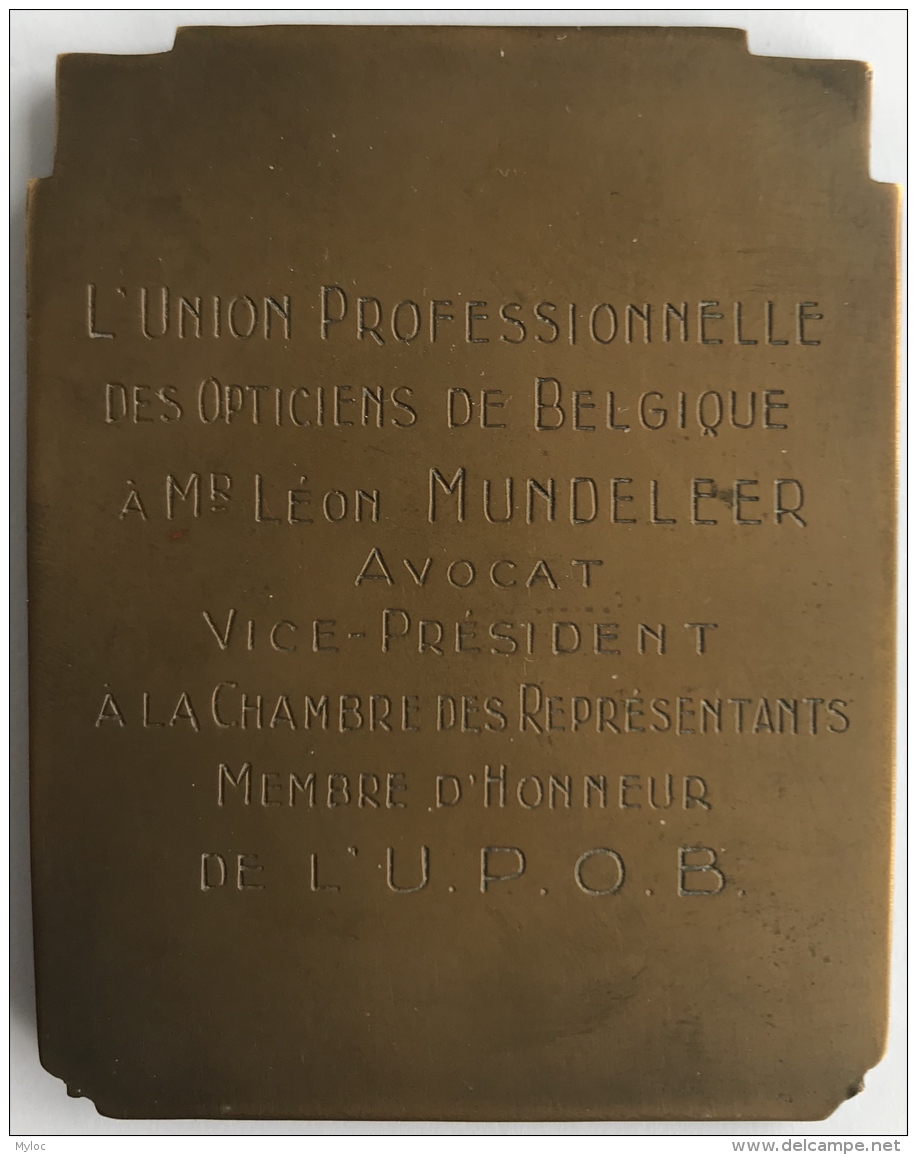 Médaille - Plaquette En Bronze Art Nouveau. A. Mauquoy. Reconnaissance. Union Professionnelle Des Opticiens. 60 X 80mm - Professionali / Di Società