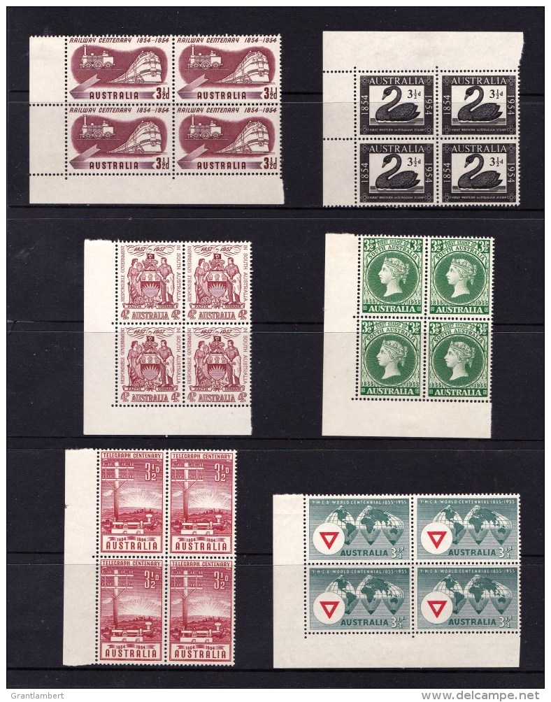 Australia - Six Marginal Predecimal Blocks Of 4, Mostly MNH - Feuilles, Planches  Et Multiples