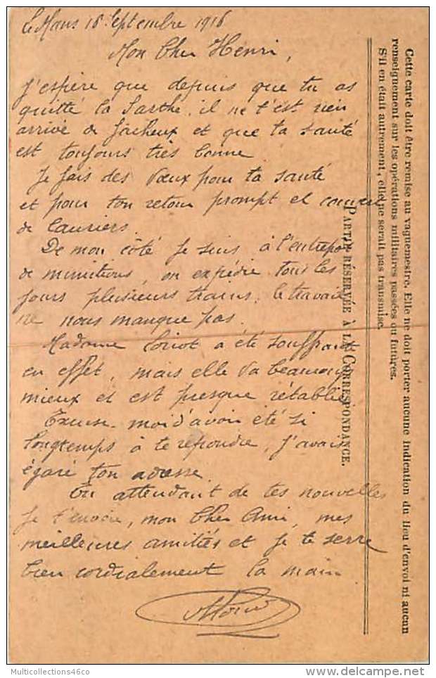 190218 GUERRE 14/18 - FM MILITAIRE CORR AUX ARMEES 1916 ENTREPOT DE RG LE MANS 72 RESERVE GENERALE MR LORIOT - Briefe U. Dokumente