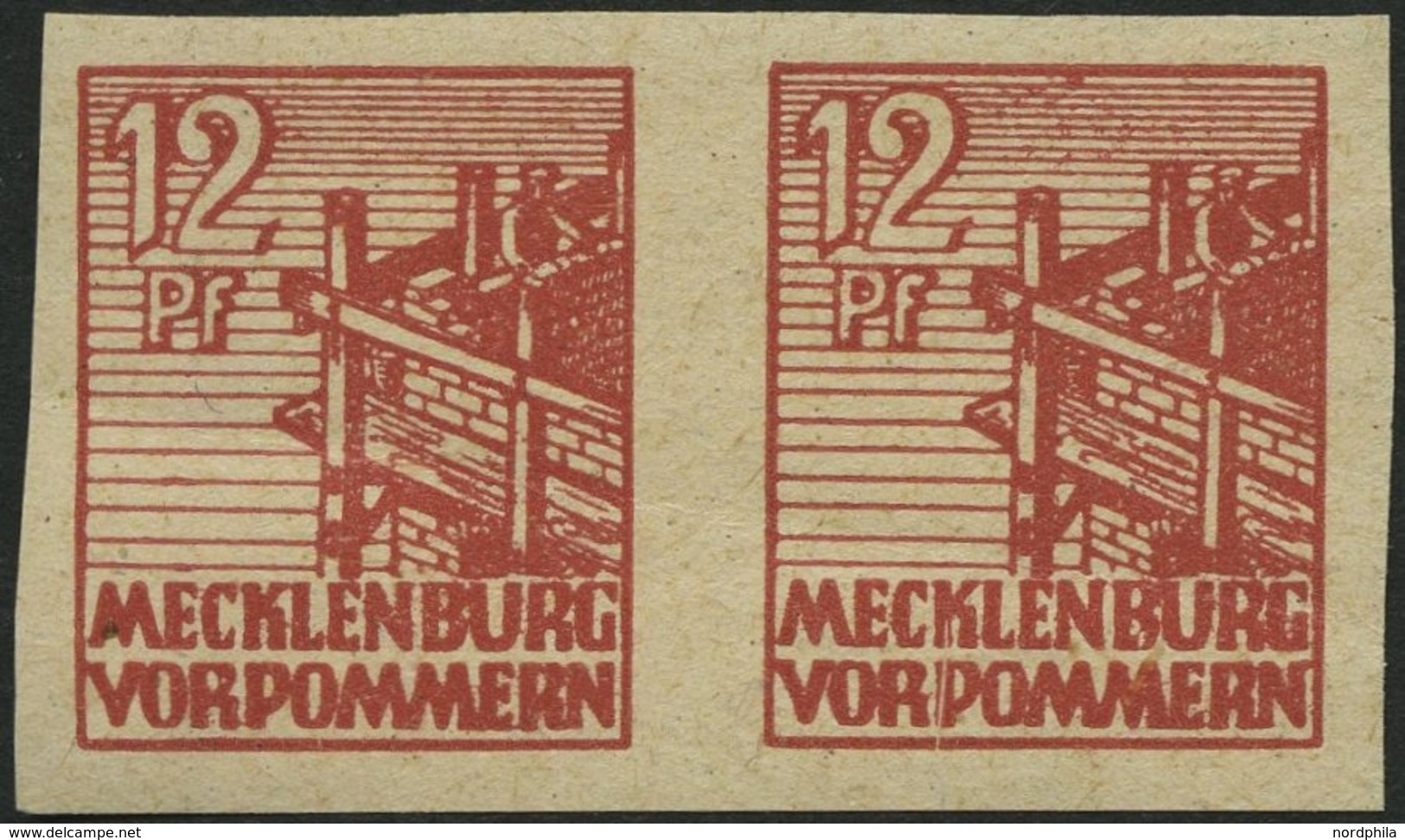 MECKLENBURG-VORPOMMERN 36ydU Paar **, 1946, 12 Pf. Braunrot, Graues Papier, Ungezähnt, Im Waagerechten Paar, Diagonaler  - Sonstige & Ohne Zuordnung