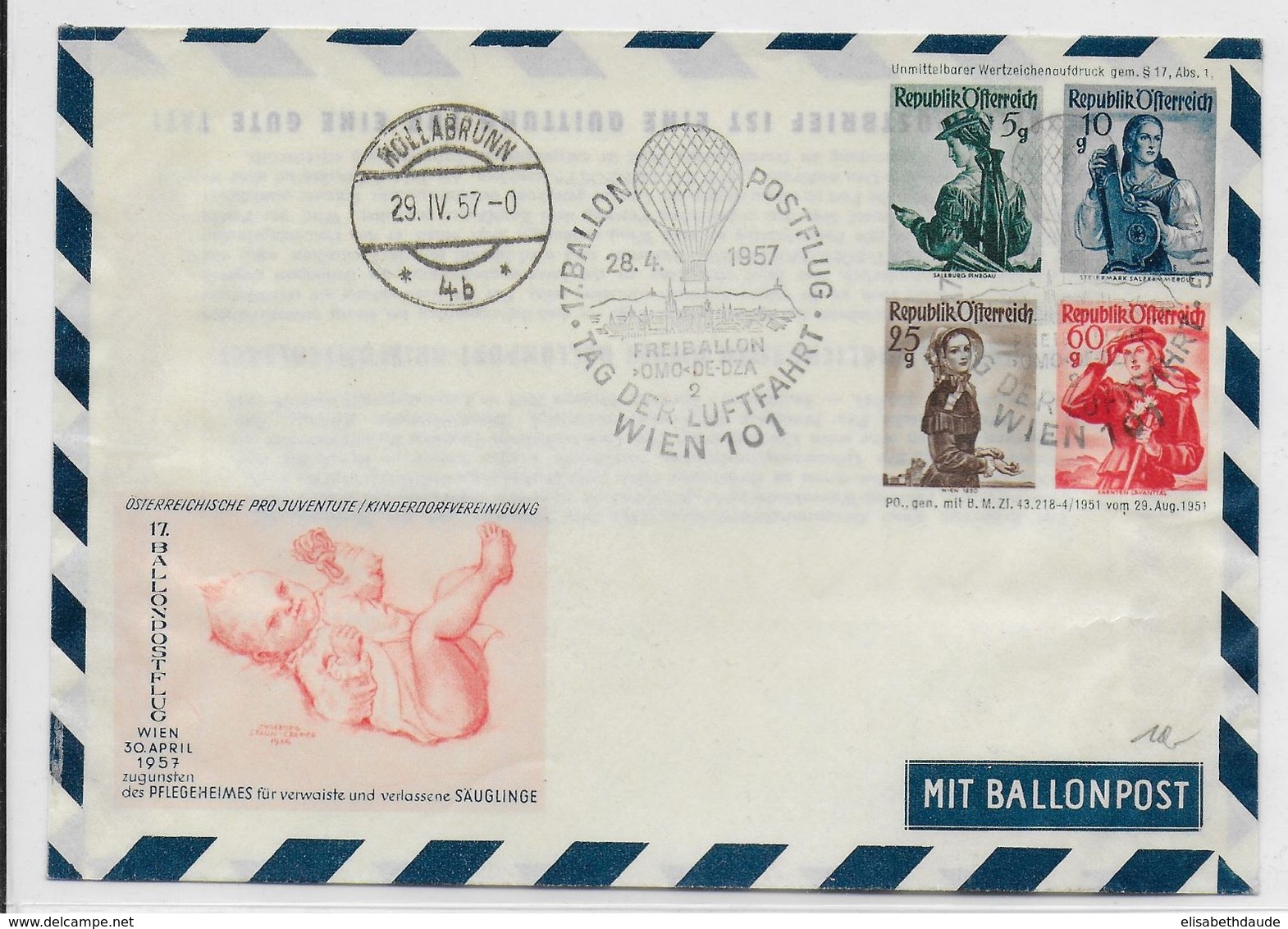 AUTRICHE - BALLONPOST PRO JUVENTUTE - 1957 - ENVELOPPE ENTIER POSTAL Par BALLON De WIEN - Ballons