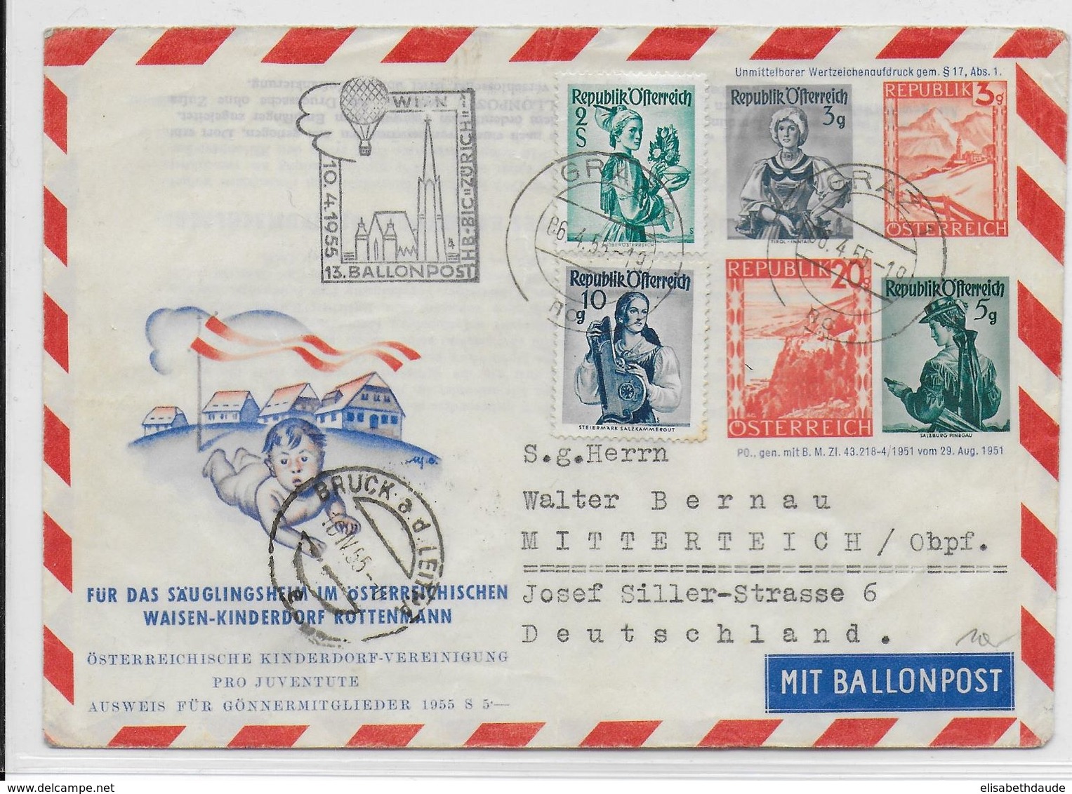 AUTRICHE - BALLONPOST PRO JUVENTUTE - 1955 - ENVELOPPE ENTIER POSTAL Par BALLON De GRAZ - Balloon Covers