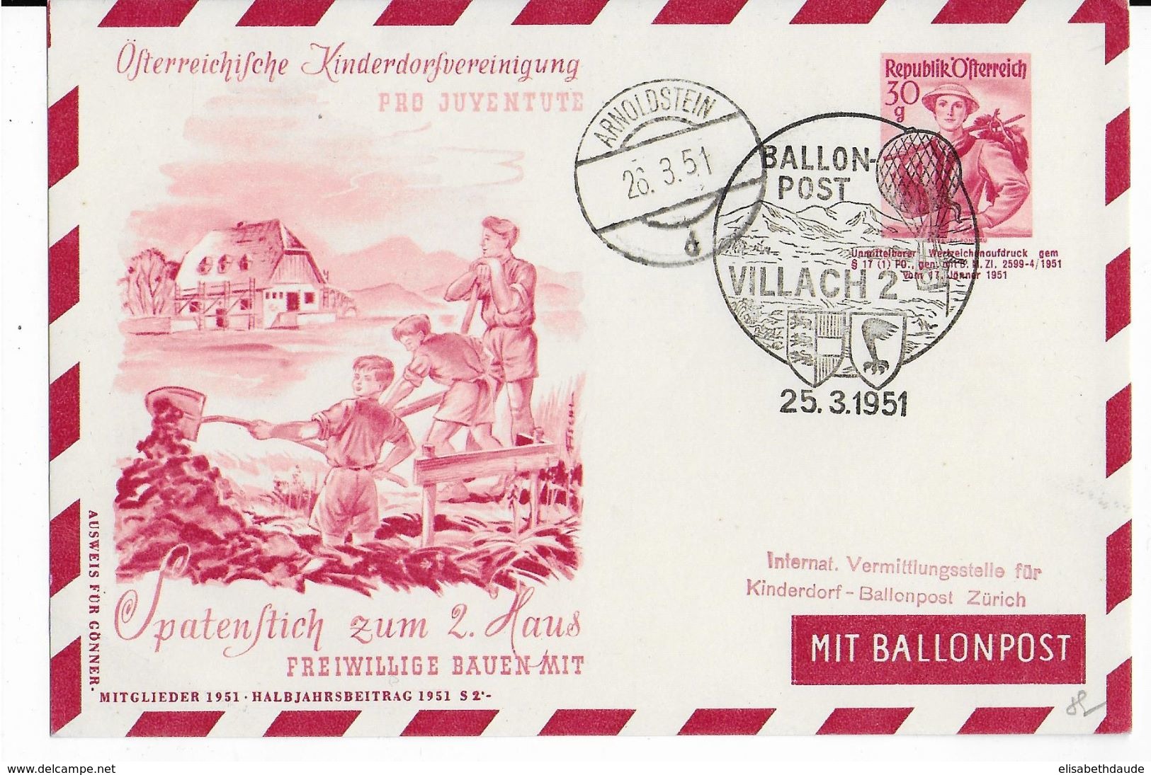 AUTRICHE - BALLONPOST PRO JUVENTUTE - 1951 - CARTE ENTIER POSTAL Par BALLON De VILLACH - Balloon Covers