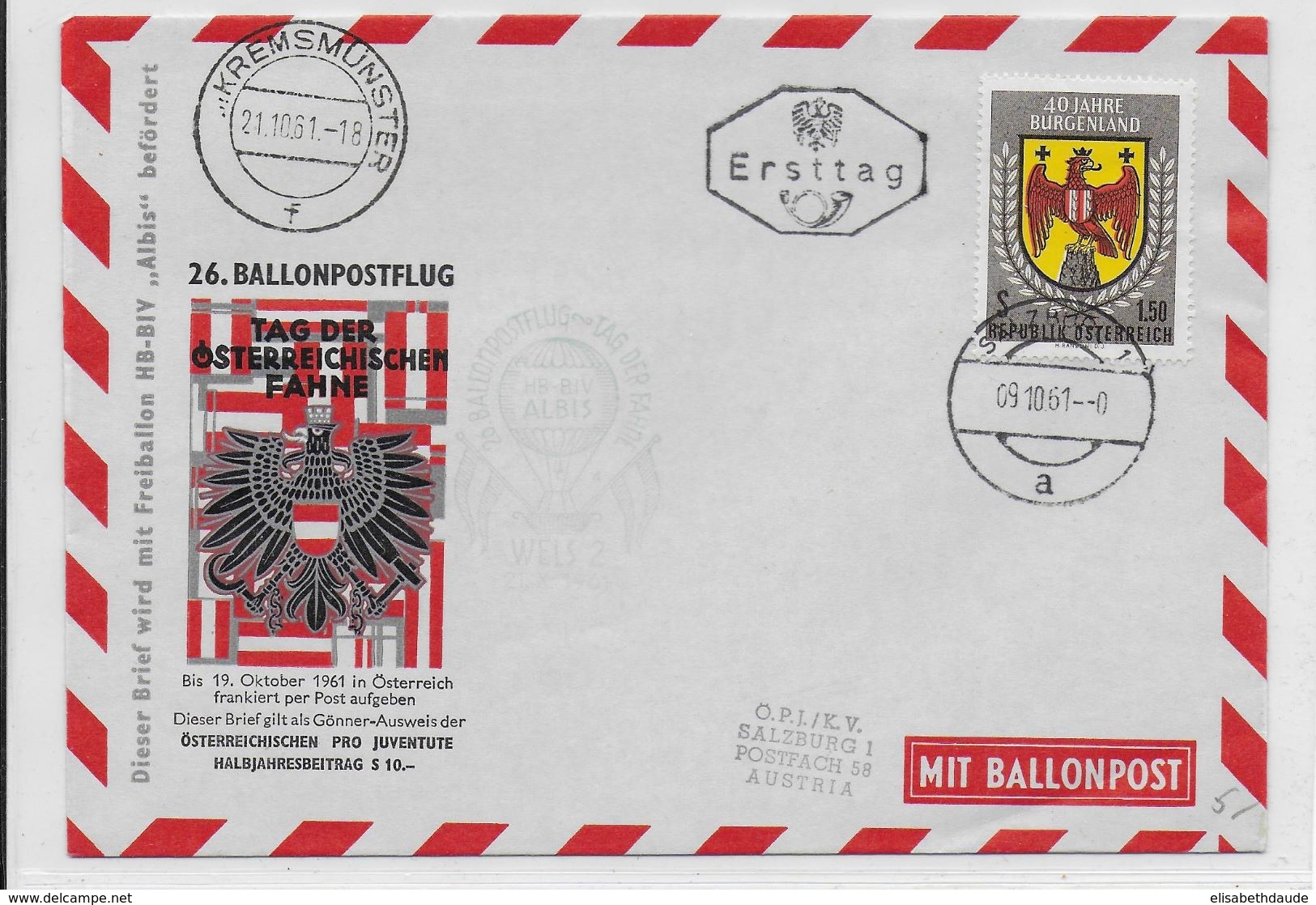 AUTRICHE - BALLONPOST PRO JUVENTUTE - 1961 - ENVELOPPE ILLUSTREE Par BALLON De SALZBURG - Ballons