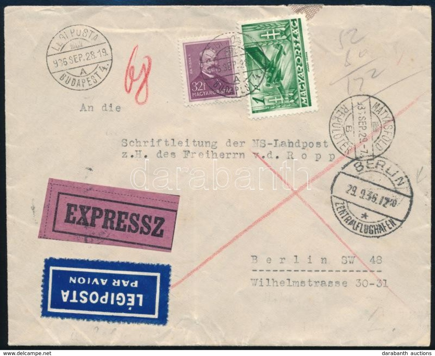 1936 Expressz Légi Levél 1,32P Bérmentesítéssel Berlinbe / Express Airmail Cover With 1,32P Franking To Berlin - Sonstige & Ohne Zuordnung