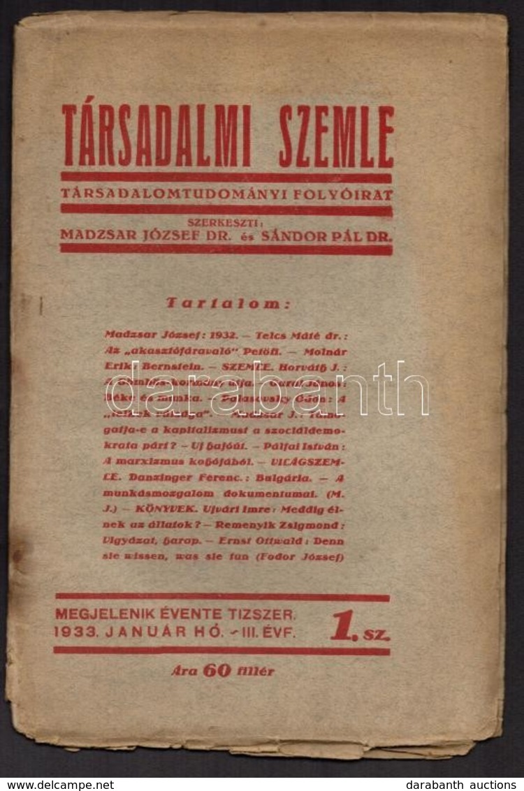 1933 Társadalmi Szemle. Társadalomtudományi Folyóirat. Szerk.: Dr. Madzsar József, Dr. Sándor Pál, III. évf. 1. Szám, 19 - Unclassified