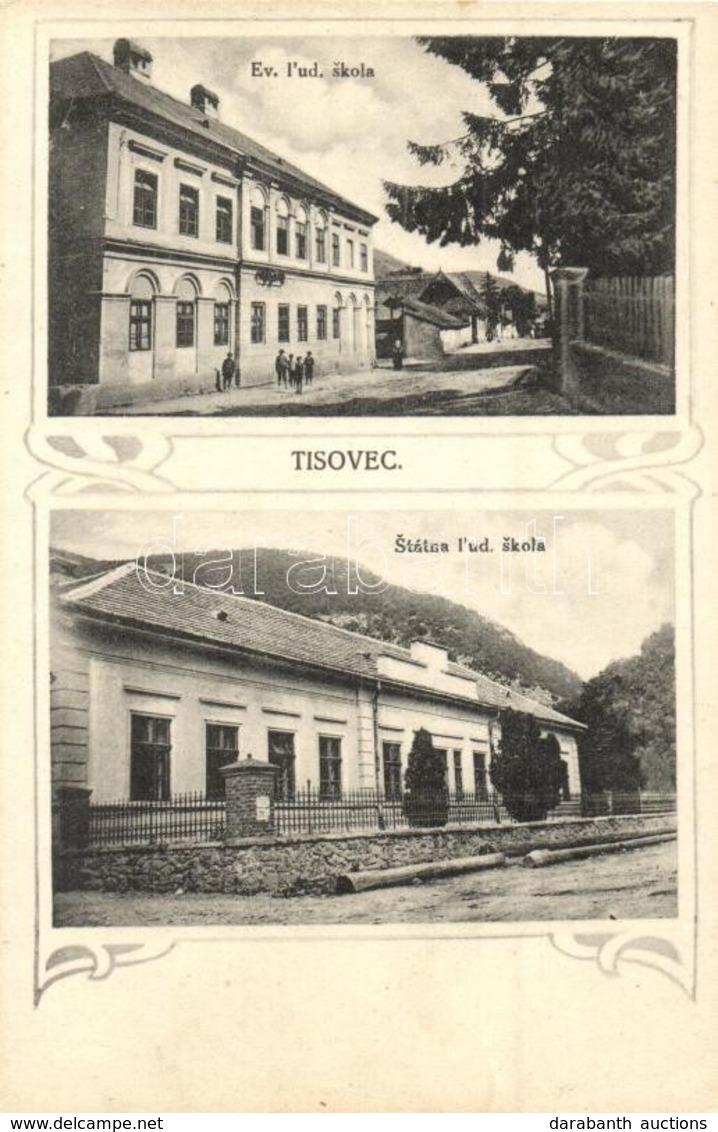 * T2 Tiszolc, Tisovec; Evangélikus és állami Iskola. Fr. Hortensky Kiadása / Ev. Lud. Skola, Státna Lud. Skola / Schools - Non Classificati