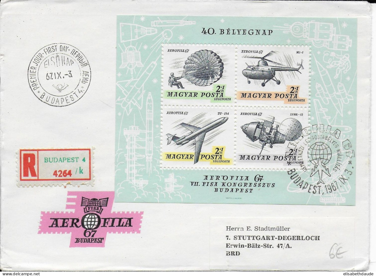 1967 - HONGRIE - BLOC AEROFILA Sur ENVELOPPE RECOMMANDEE De BUDAPEST => STUTTGART - FDC