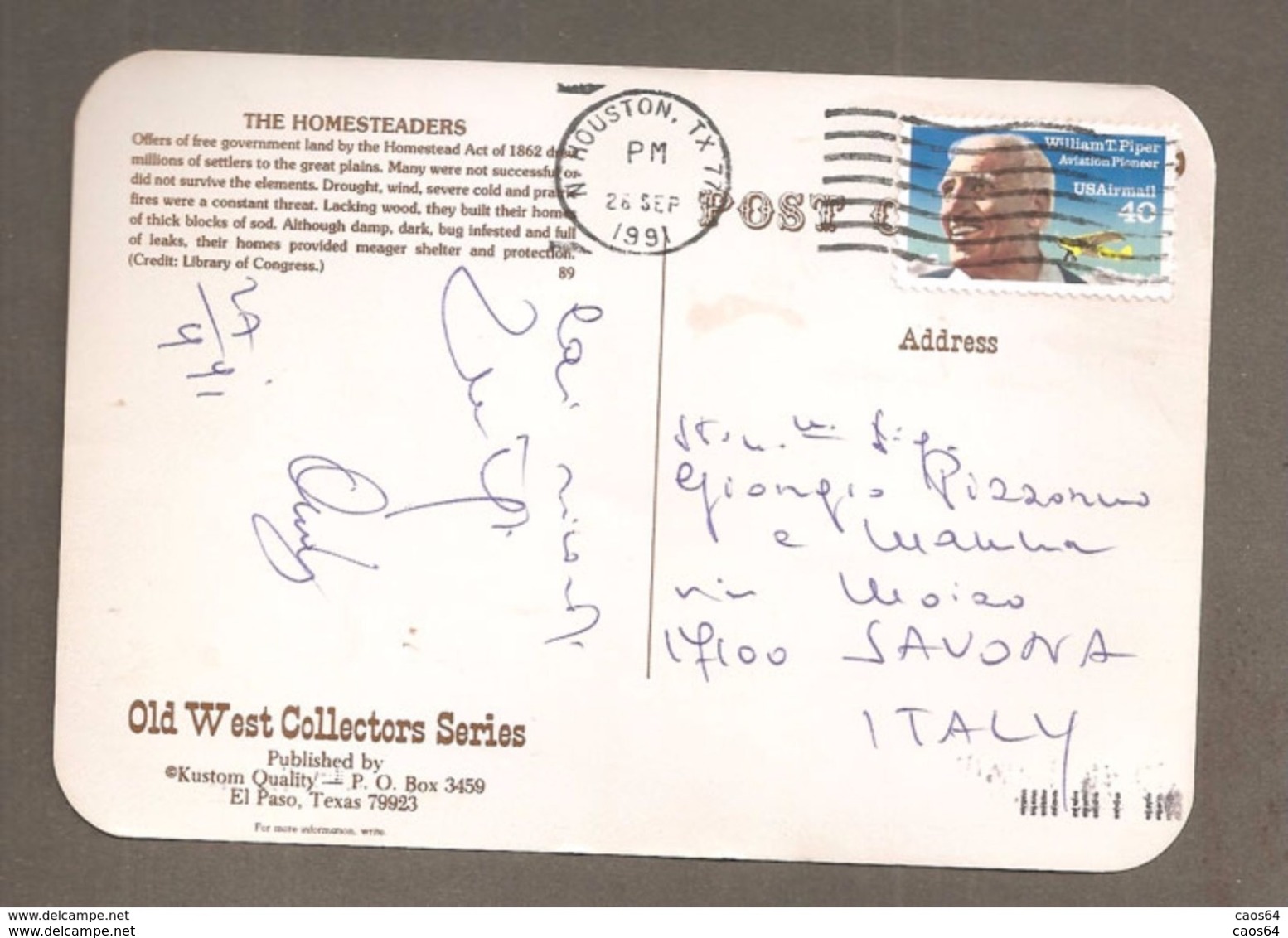 THE HOMESTEADERS OLD WEST COLLECTORS ANIMATA CARTOLINA VIAGGIATA 1991 CON BOLLO STORIA POSTALE - El Paso