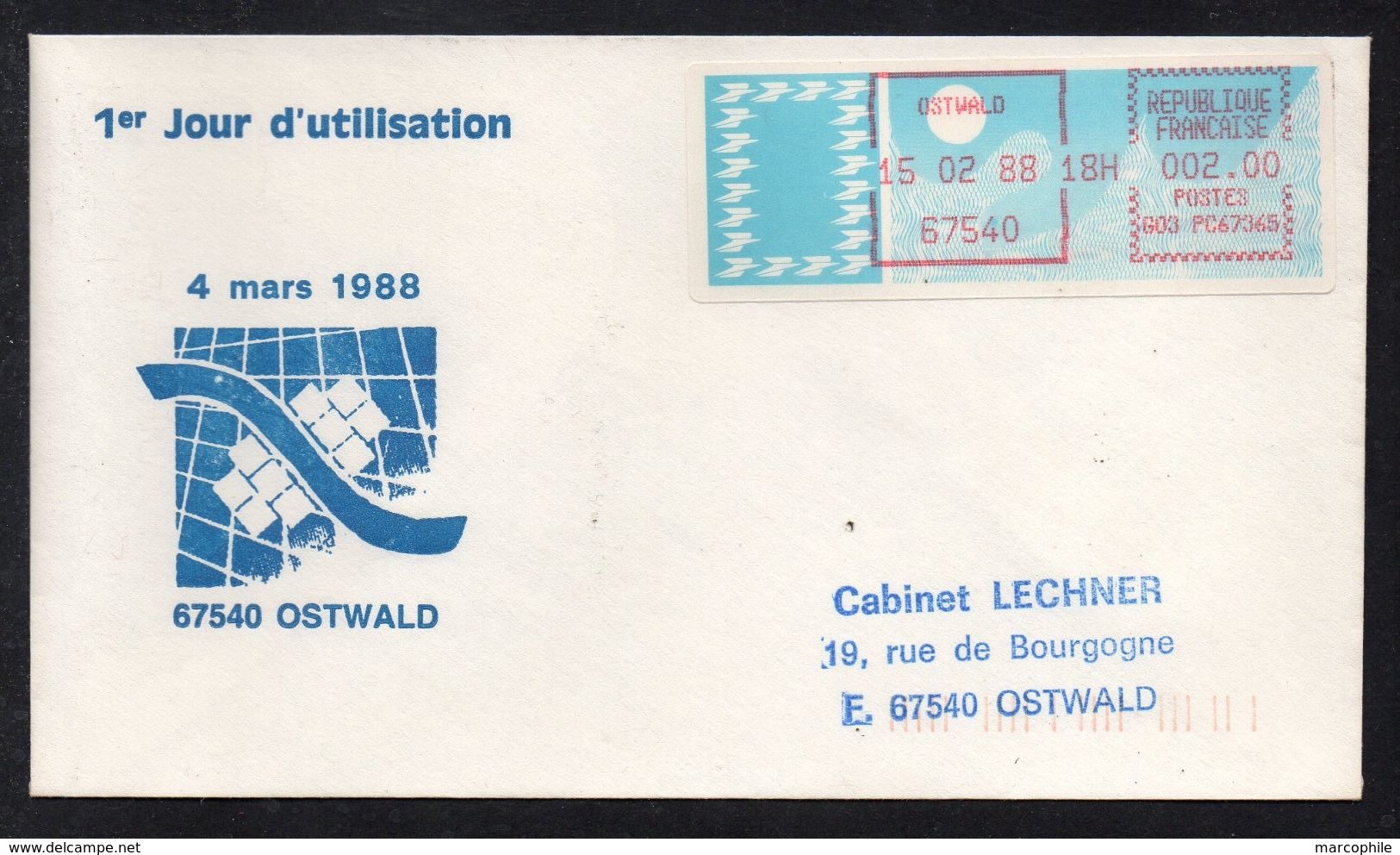 VIGNETTE D AFFRANCHISSEMENT TYPE CARRIER / 1988 OSTWALD - BAS RHIN - ALSACE - SUR LETTRE (ref LE2086) - 1985 « Carrier » Paper