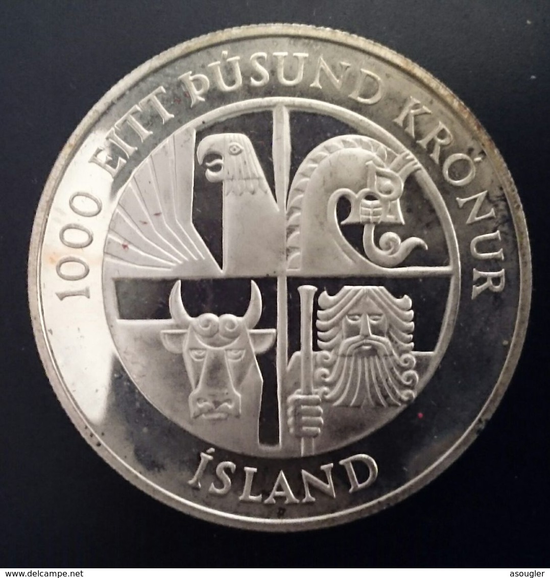 ICELAND 1000 KRONUR 1974 SILVER PROOF "1100th Anniversary - 1st Settlement" Free Shipping Via Registered Air Mail - Iceland