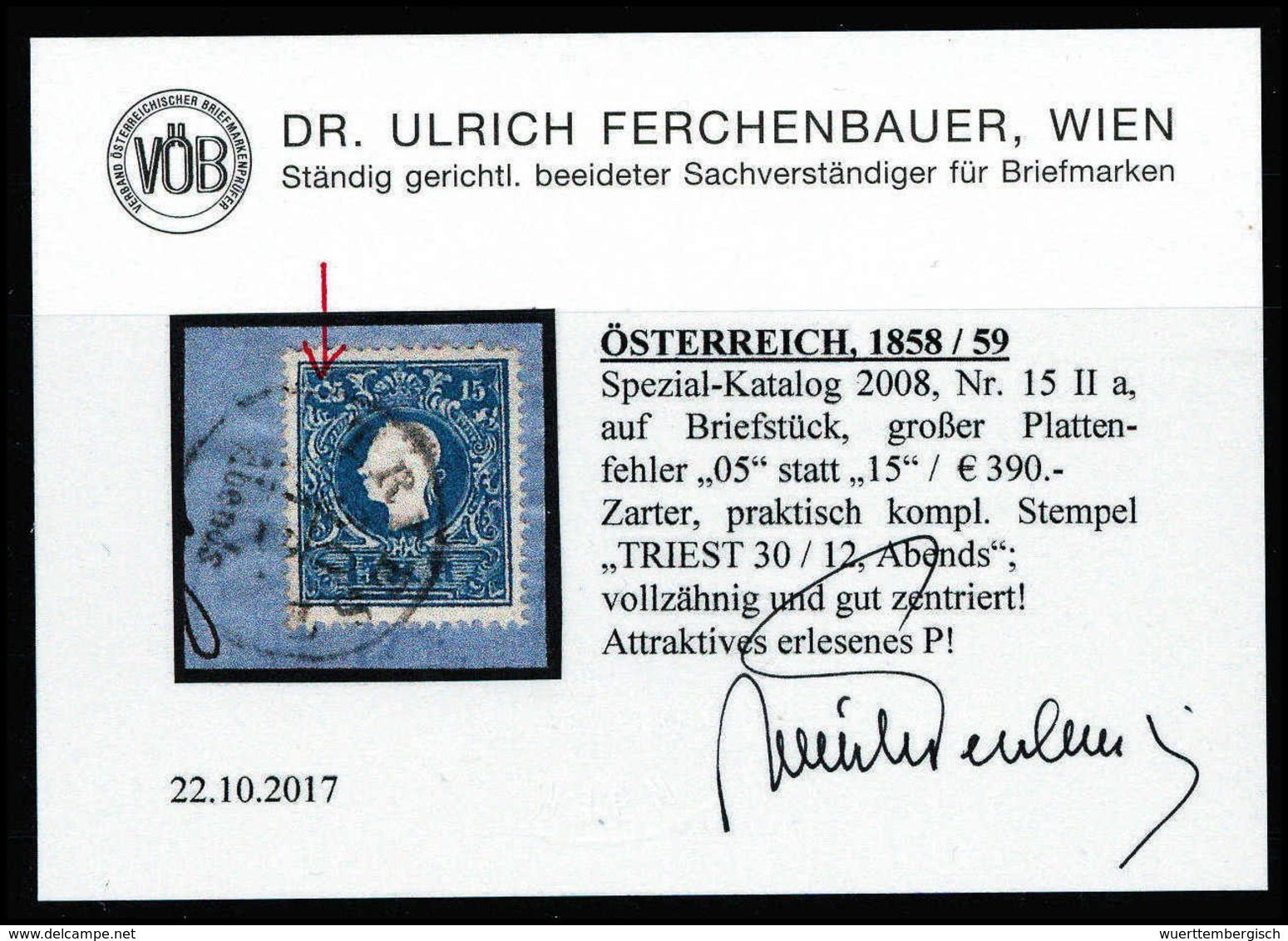 Briefst. 15 Kr., Großer Plattenfehler: "05" Statt "15" Li. Oben, Kab.-Bfstk. Mit K1 TRIEST, Fotobefund Ferchenbauer (Fe. - Autres & Non Classés