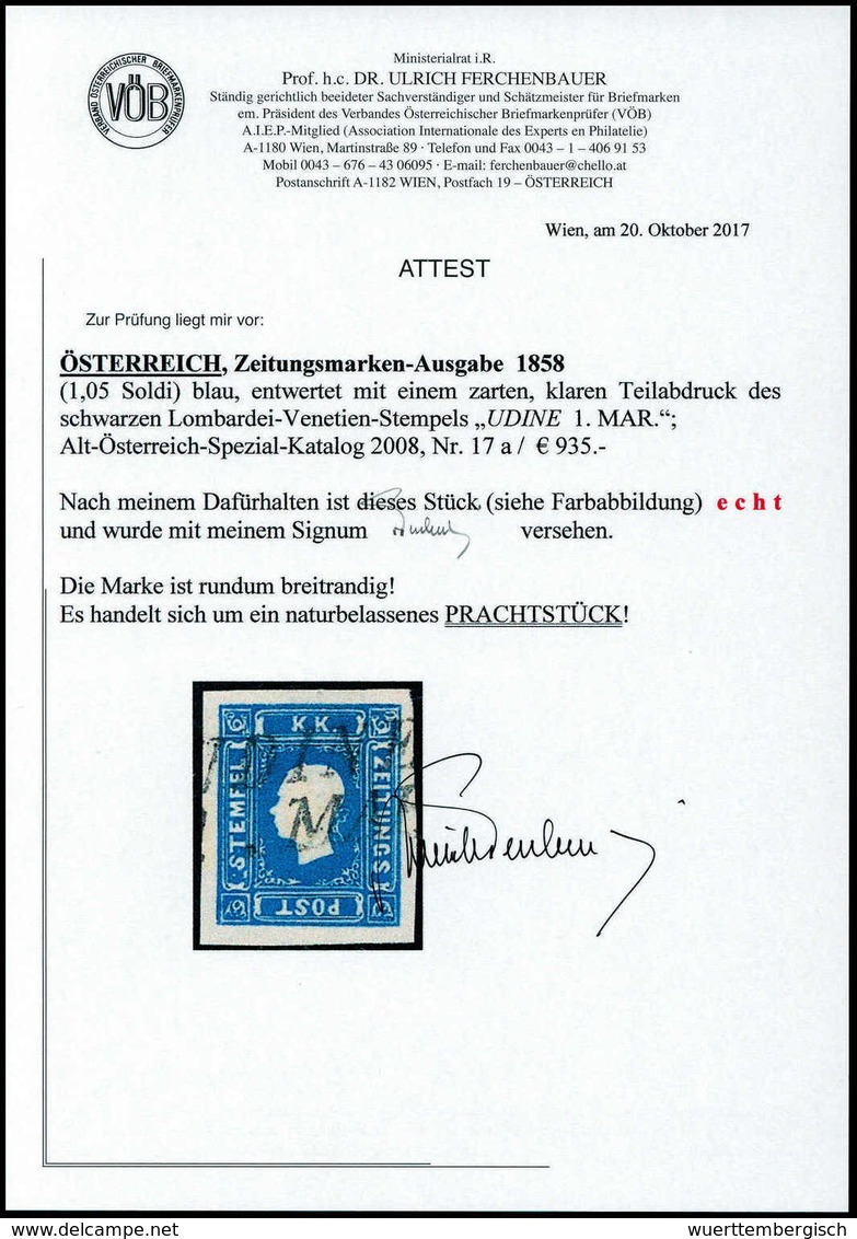 Gest. 1.05 Kr. Blau, Breitrandiges Luxusstück Mit Lombardei-Venetien-L2 UDINE, Fotoattest Ferchenbauer (Fe. 935,-).<br/> - Autres & Non Classés