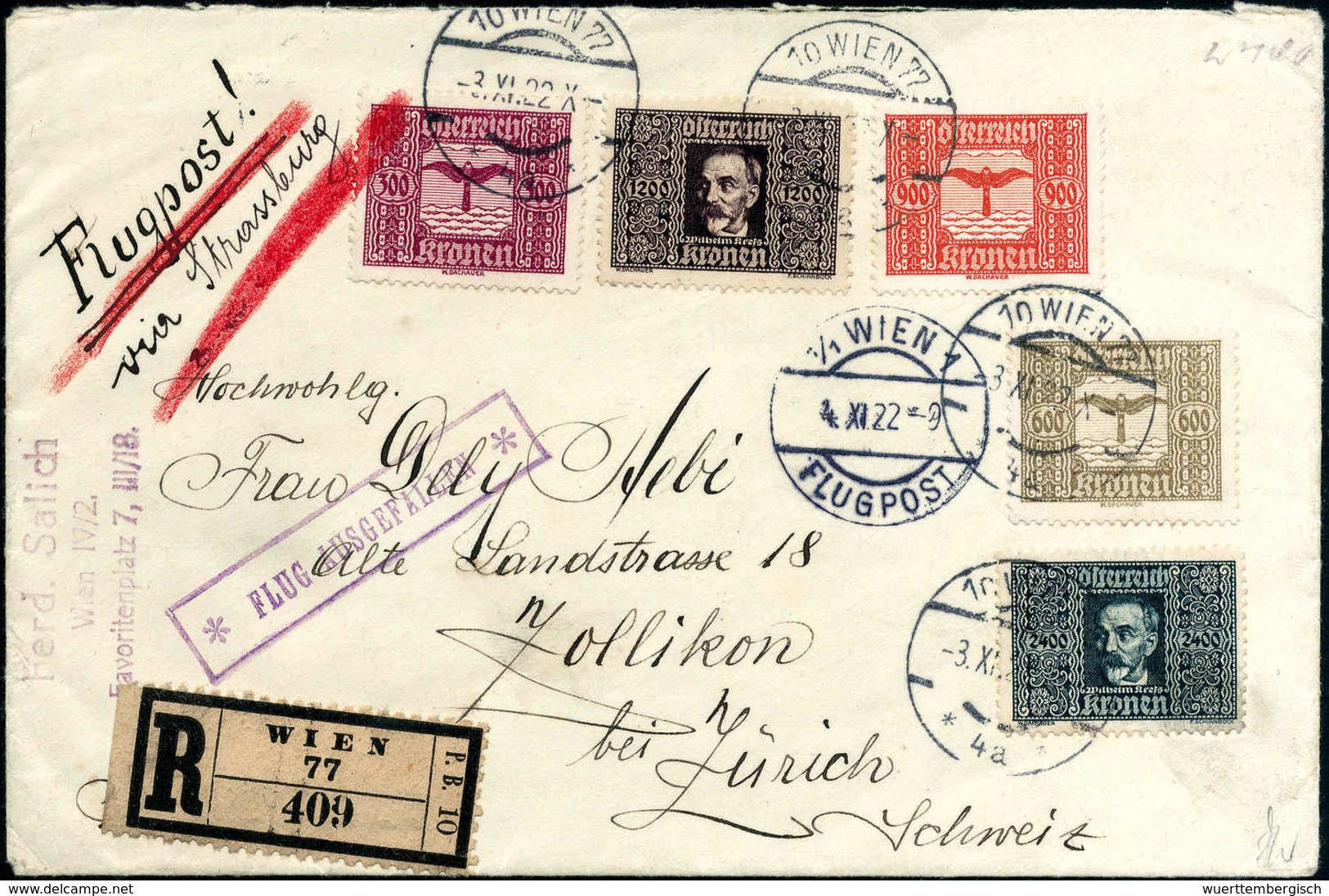 300-2400 Kr. Auf Brief Mit Stempel WIEN 1 FLUGPOST 4.XI.22 Und Leitvermerk "Flugpost Via Straßburg" Nach Zürich, Violett - Autres & Non Classés