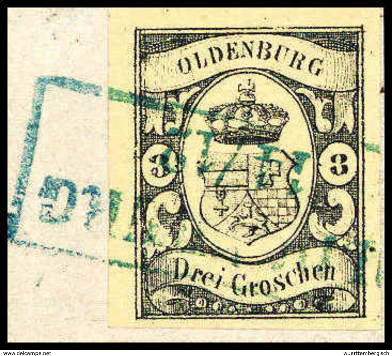 Briefst. 3 Gr., Breitrandiges Kab.-Bfstk. Mit Blauem R2 OLDENBURG, Fotoattest Brettl.<br/><b>Katalogpreis: 750,-</b> (Mi - Autres & Non Classés