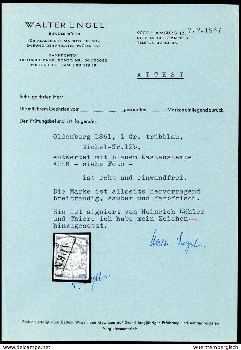 Gest. 1 Gr., Kabinettstück Mit Blauem R2 APEN, Sign. Köhler, Thier, Fotobefund Engel.<br/><b>Katalogpreis: 320,-</b> (Mi - Autres & Non Classés