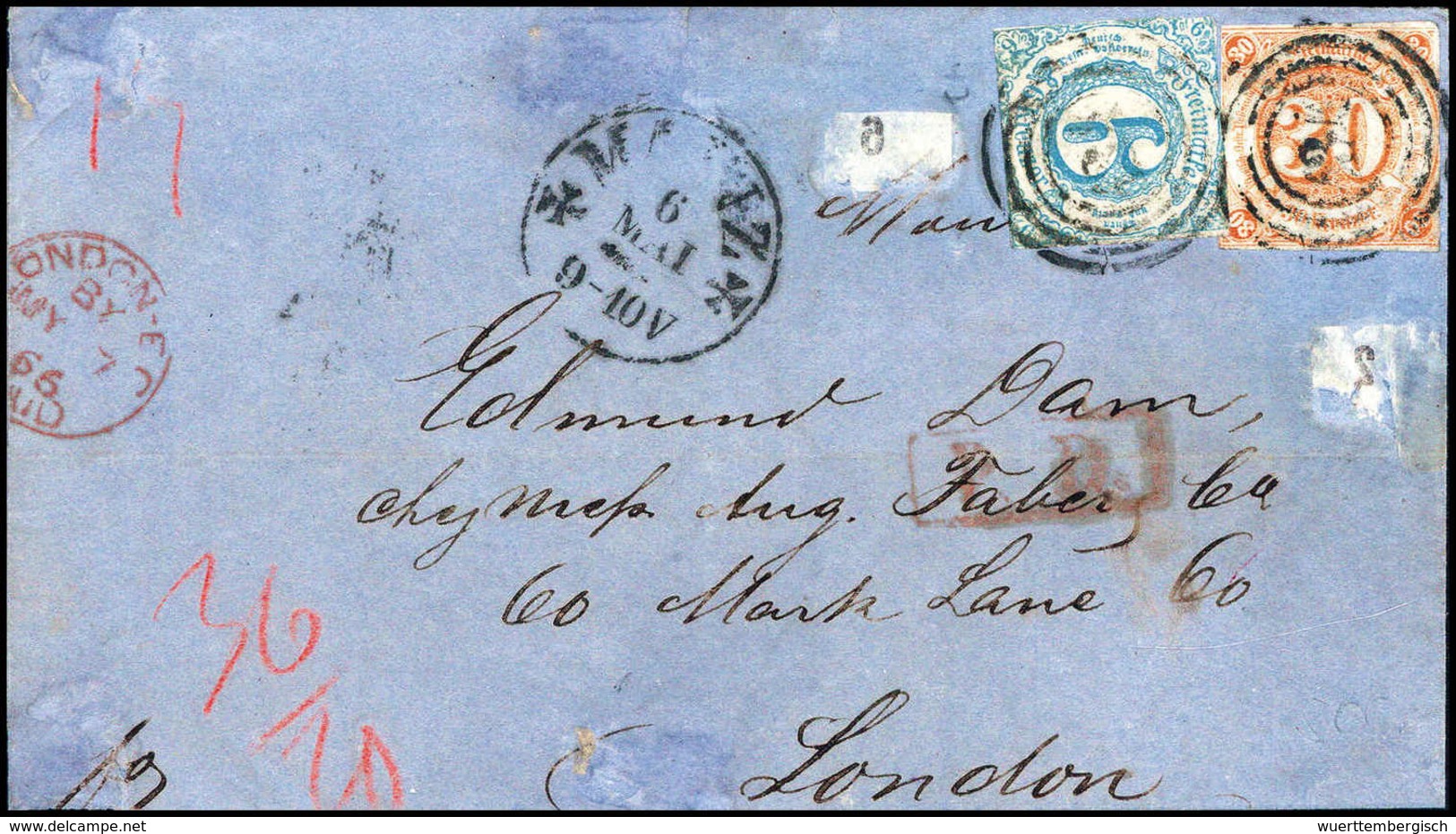 Beleg 30 Kr. Mischfrankatur Mit 1862, 6 Kr. Hellblau, Prachtstücke Mit Zentr. Stempeln "134" MAINZ Auf Blauem Brief Nach - Autres & Non Classés