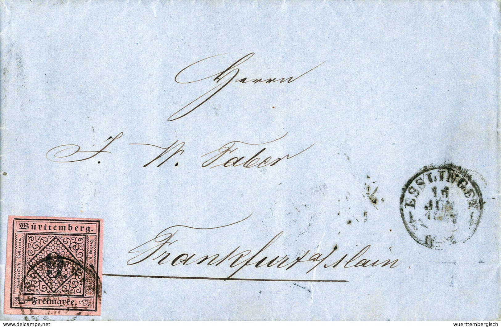 Beleg 9 Kr., Frischer Blauer Kab.-Brief Mit K2 ESSLINGEN, Fotoattest Irtenkauf BPP.<br/><b>Katalogpreis: 850,-</b> (Mich - Sonstige & Ohne Zuordnung