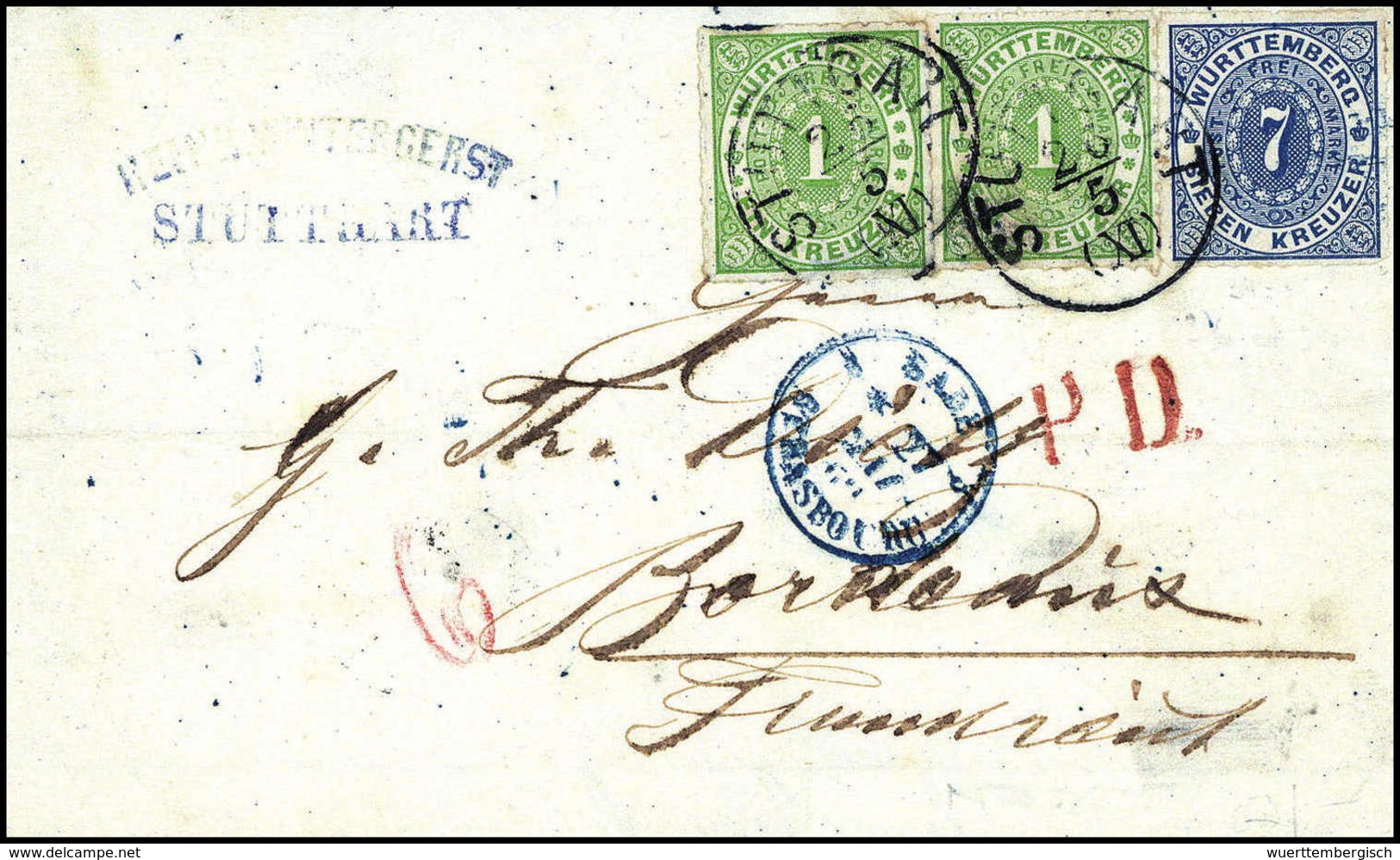 Beleg 1 Kr., Zwei Exemplare Mit 7 Kr. Blau Auf Schönem Weißem Kab.-Brief Nach Frankreich, Klare K1 STUTTGART 23/5 (1869) - Sonstige & Ohne Zuordnung