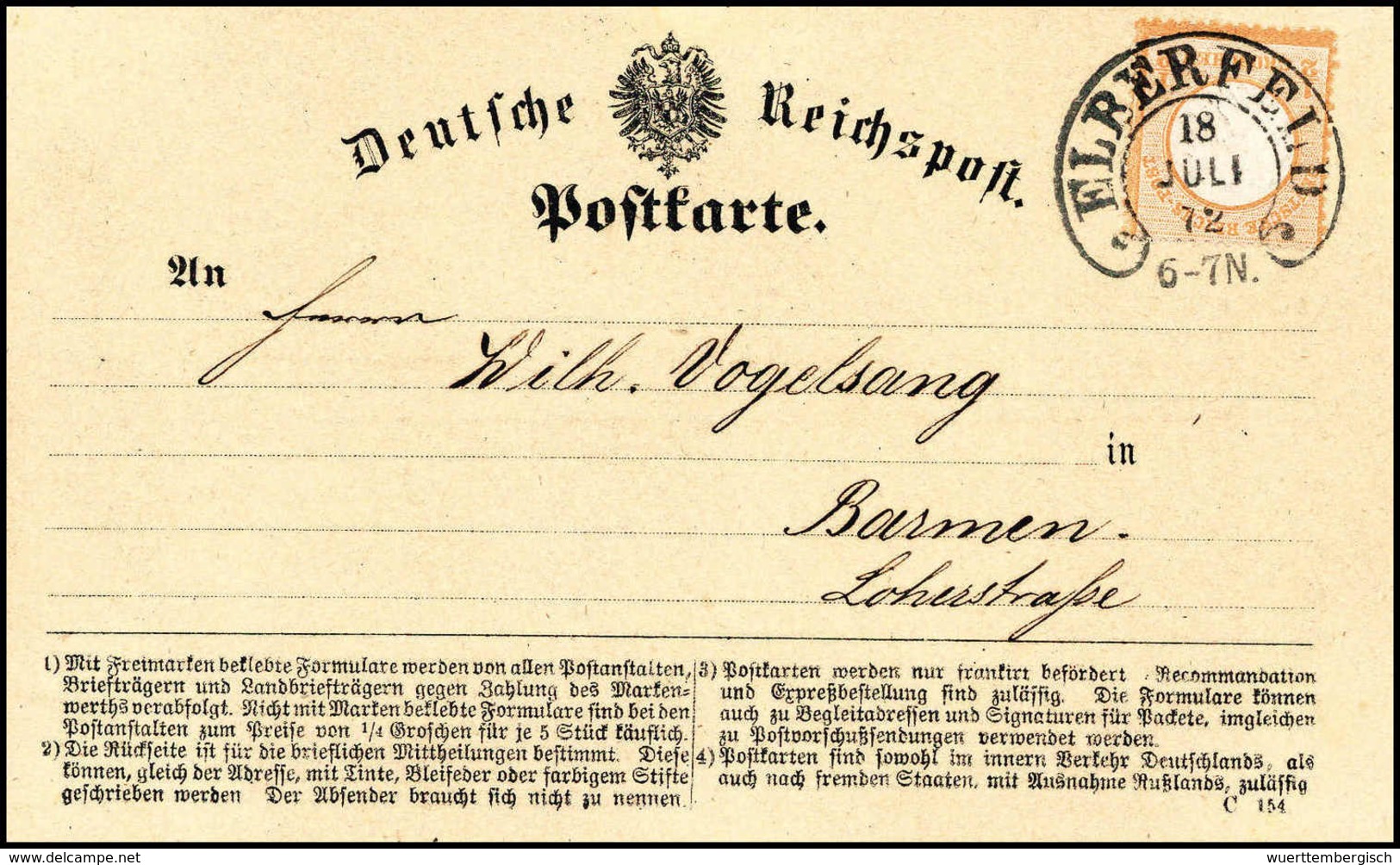 Beleg ½ Gr., Aktenfrische Luxus-Postkarte Mit Idealem Hufeisenstpl. ELBERFELD 18/7 72 (Sp.12-4). (Michel: 14) - Sonstige & Ohne Zuordnung