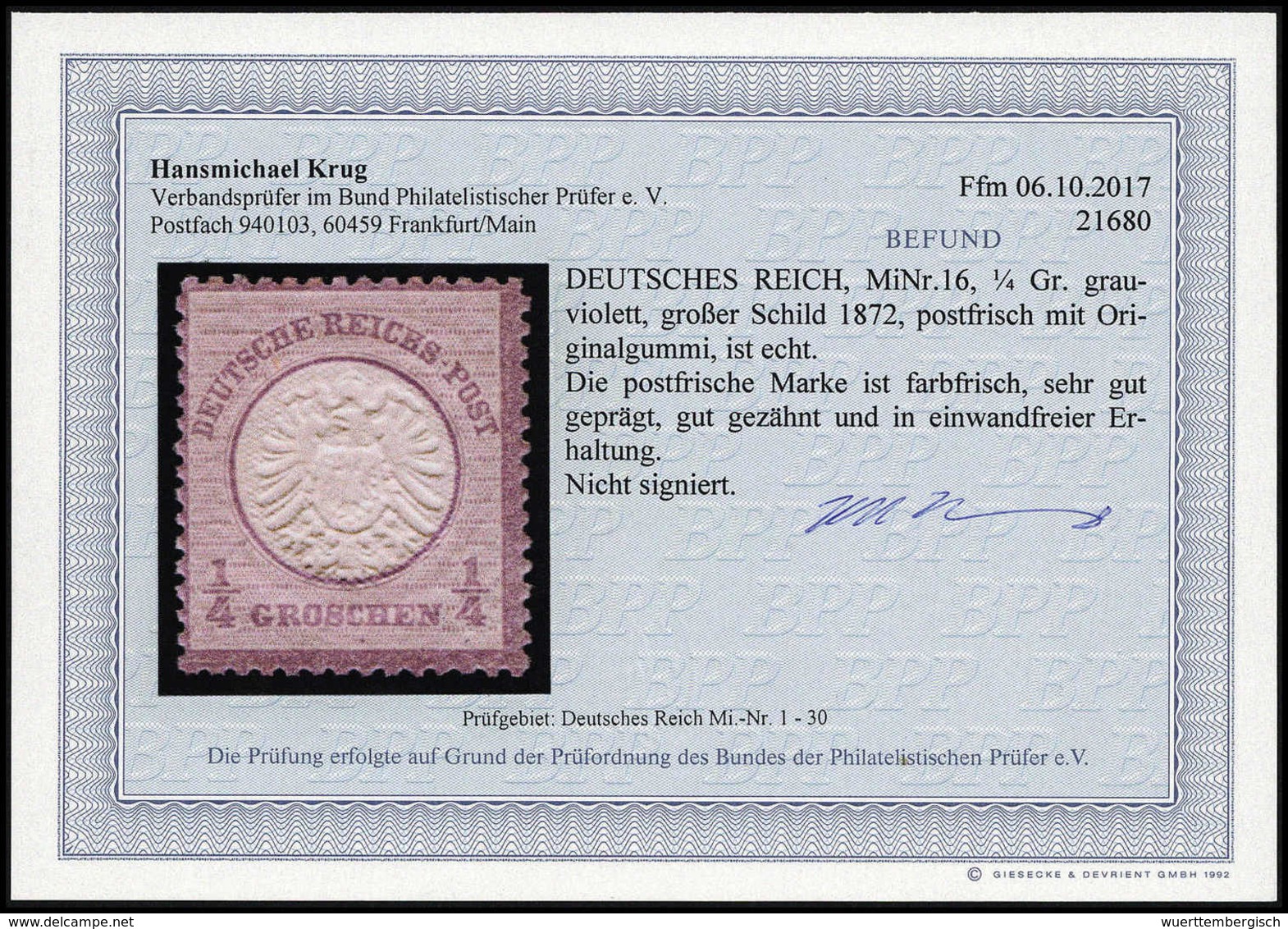 ** ¼ Gr., Postfr. Luxusstück, Fotobefund Krug BPP.<br/><b>Katalogpreis: 300,-</b> (Michel: 16) - Sonstige & Ohne Zuordnung