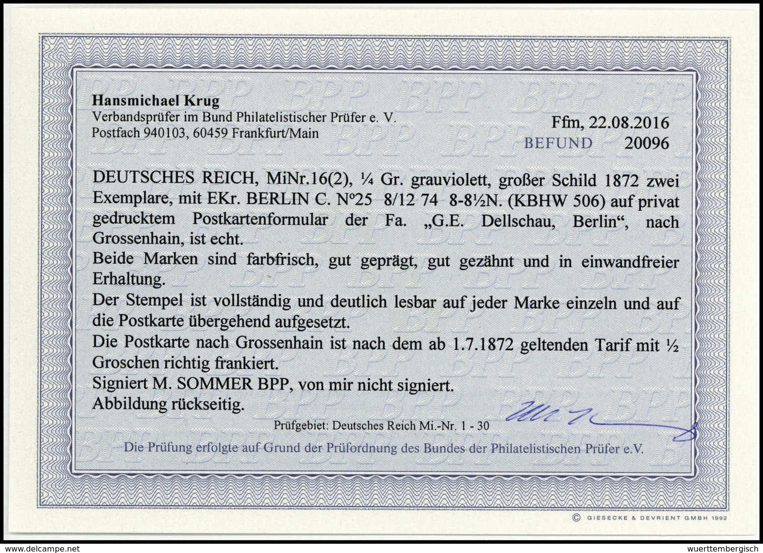 Beleg ¼ Gr., Zwei Außergewöhnlich Tieffarbige Luxusstücke Mit Sauber Aufges. K1 BERLIN C. No.25 8/12 74 Auf Firmen-Postk - Sonstige & Ohne Zuordnung