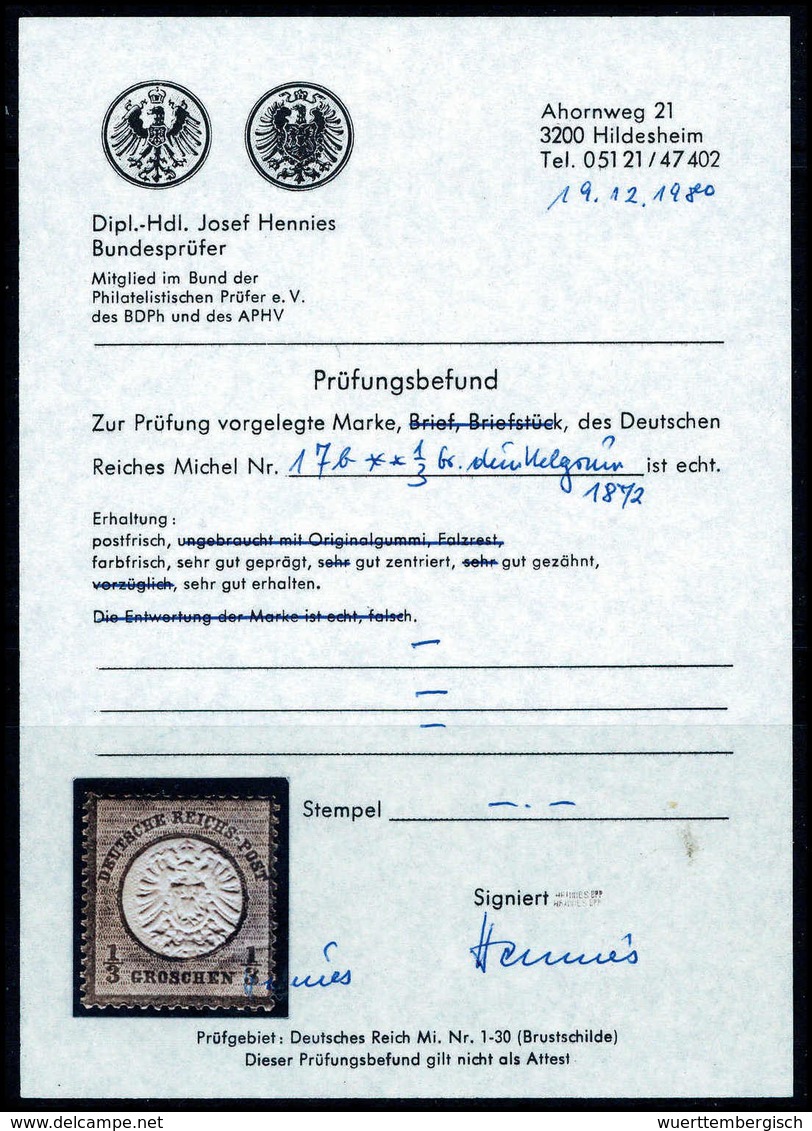 ** 1/3 Gr., Postfr. Kab.-Stück In Kräftiger Farbe, Fotobefund Hennies BPP.<br/><b>Katalogpreis: 600,-</b> (Michel: 17b) - Sonstige & Ohne Zuordnung