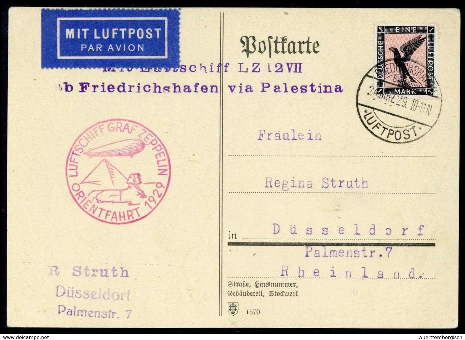 Beleg 1929, Orientfahrt, Auflieferung Friedrichshafen, Tadellose Postkarte Flugpost 1 Mk. (Michel: Si.23IA) - Autres & Non Classés