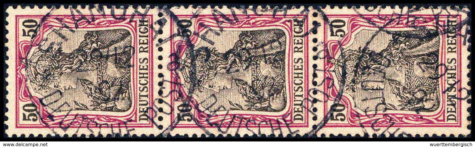 Gest. 50 Pfg., Tadelloser, Senkr. Dreierstreifen Mit Klaren Stempel SHANGHAI 29/12 02. Äußerst Seltene Einheit, Welche V - Autres & Non Classés